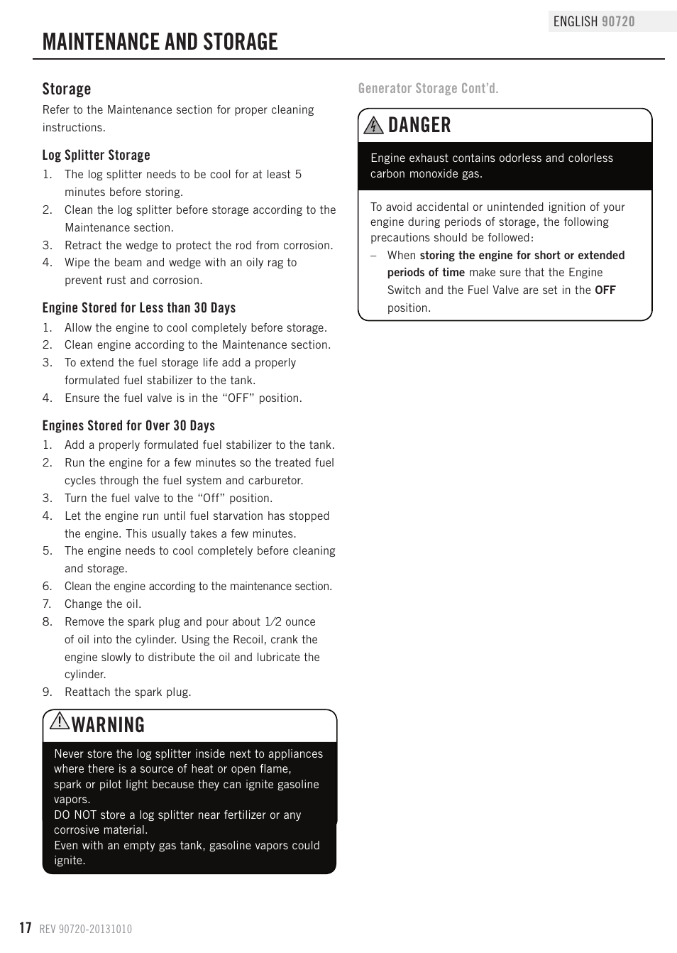 Maintenance and storage, Warning, Danger | Storage | Champion Power Equipment 90720 User Manual | Page 20 / 30