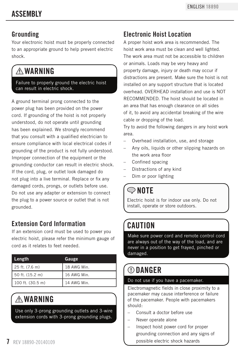Warning, Danger, Caution | Assembly, Grounding, Electronic hoist location, Extension cord information | Champion Power Equipment 18890 User Manual | Page 10 / 20