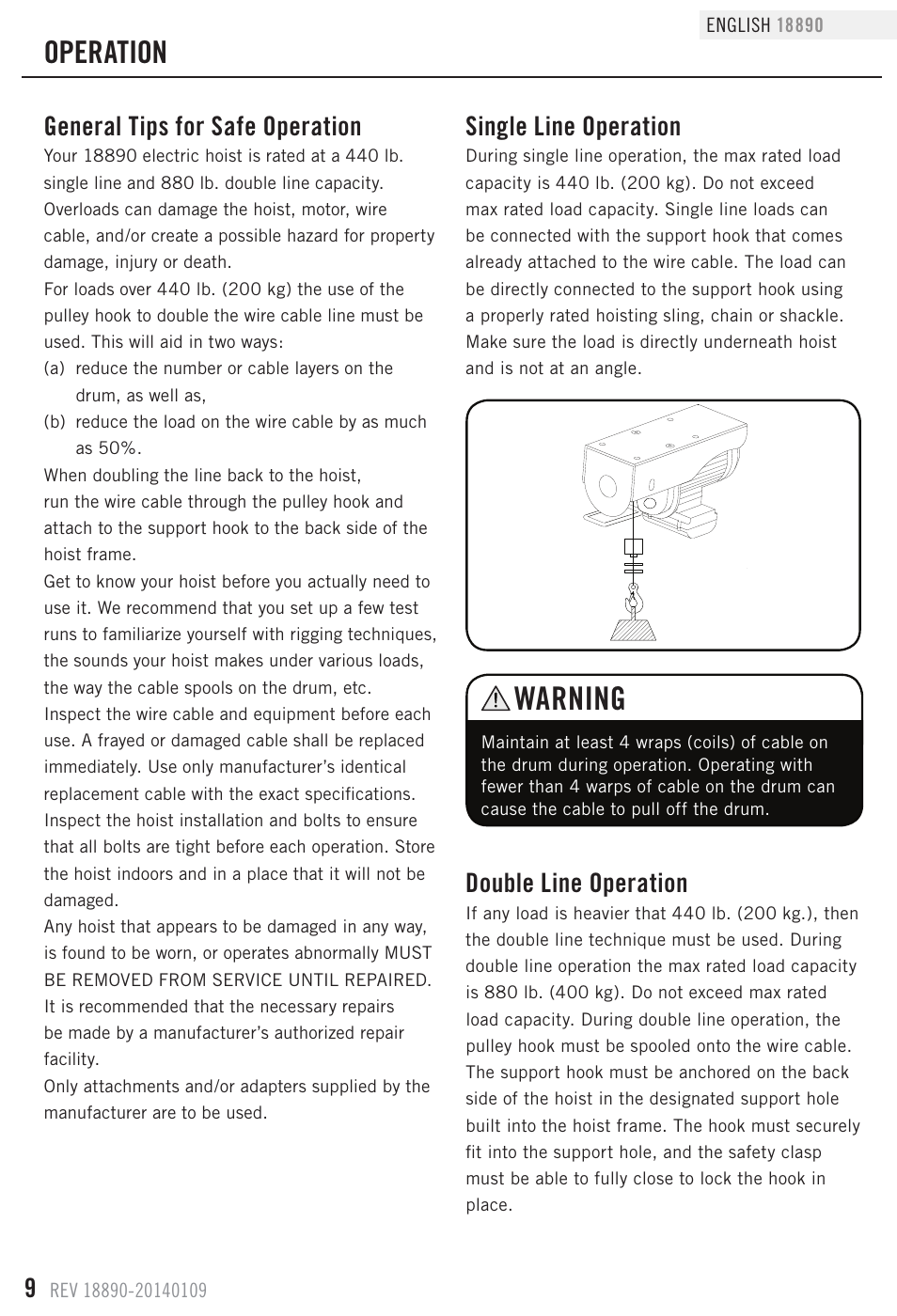 Warning, Operation, General tips for safe operation | Single line operation, Double line operation | Champion Power Equipment 18890 User Manual | Page 12 / 20