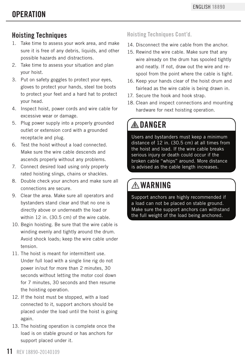 Warning, Danger, Operation | Hoisting techniques | Champion Power Equipment 18890 User Manual | Page 14 / 20