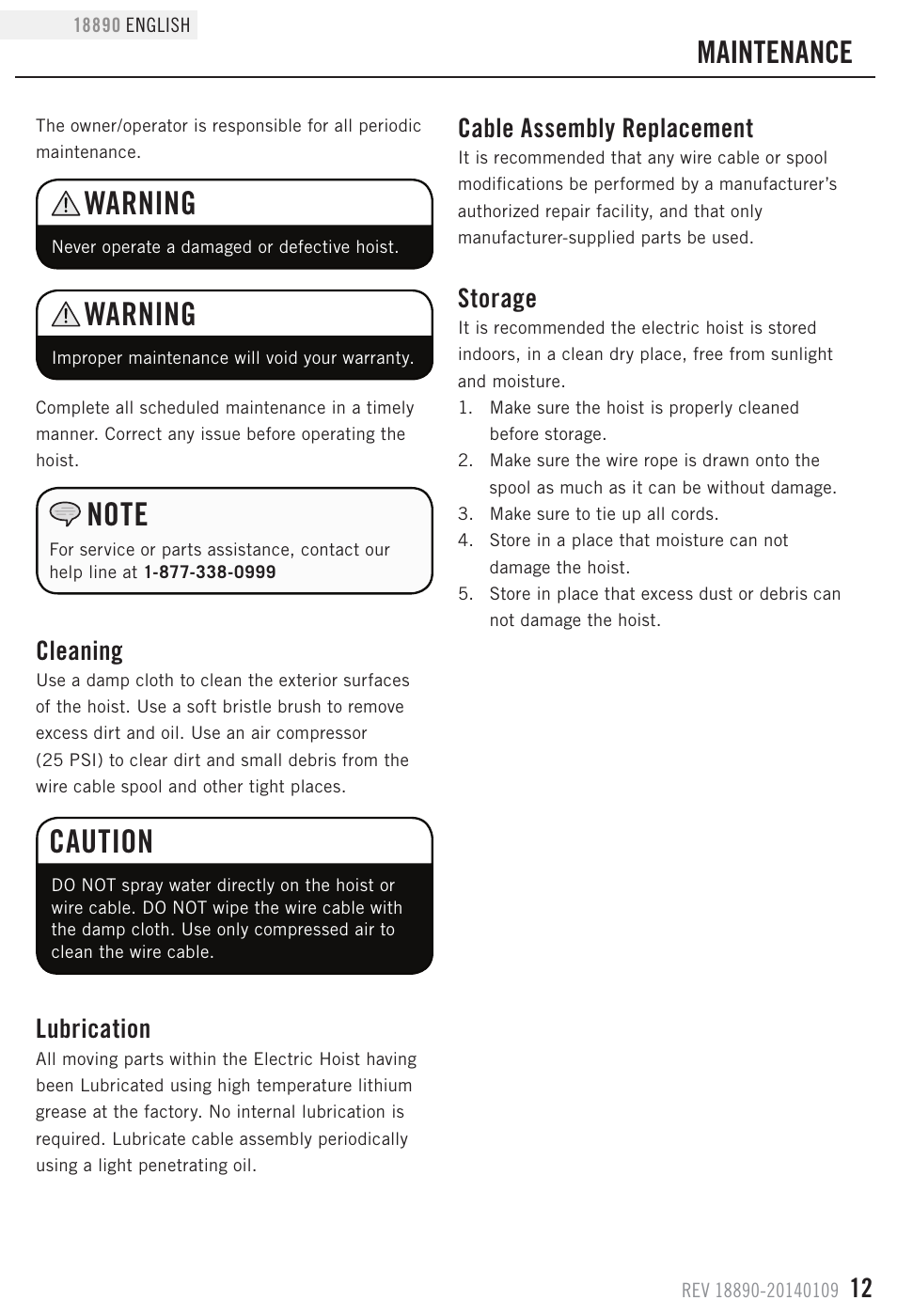 Warning, Caution, Maintenance | Lubrication, Cleaning, Cable assembly replacement, Storage | Champion Power Equipment 18890 User Manual | Page 15 / 20