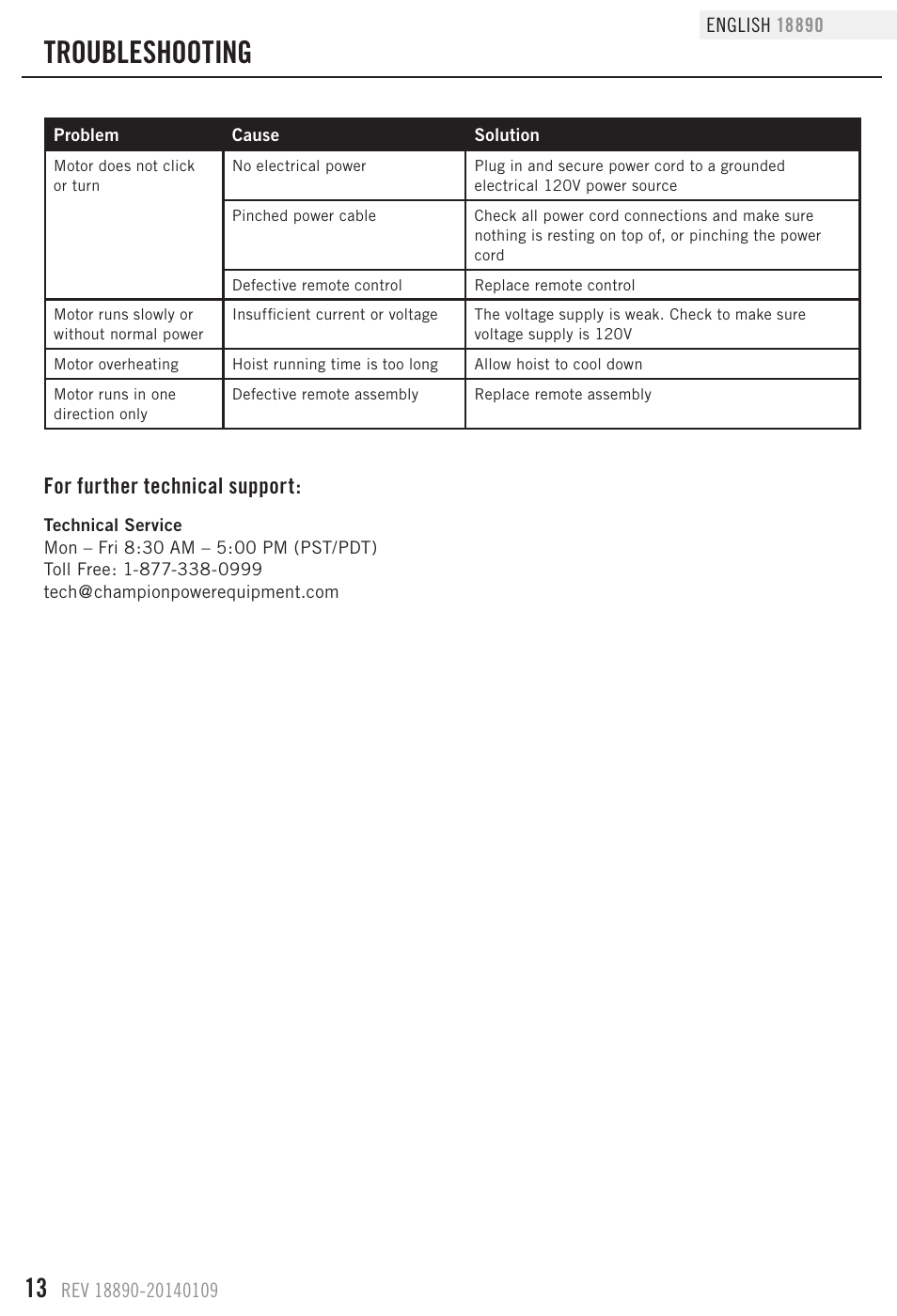 Troubleshooting, For further technical support | Champion Power Equipment 18890 User Manual | Page 16 / 20