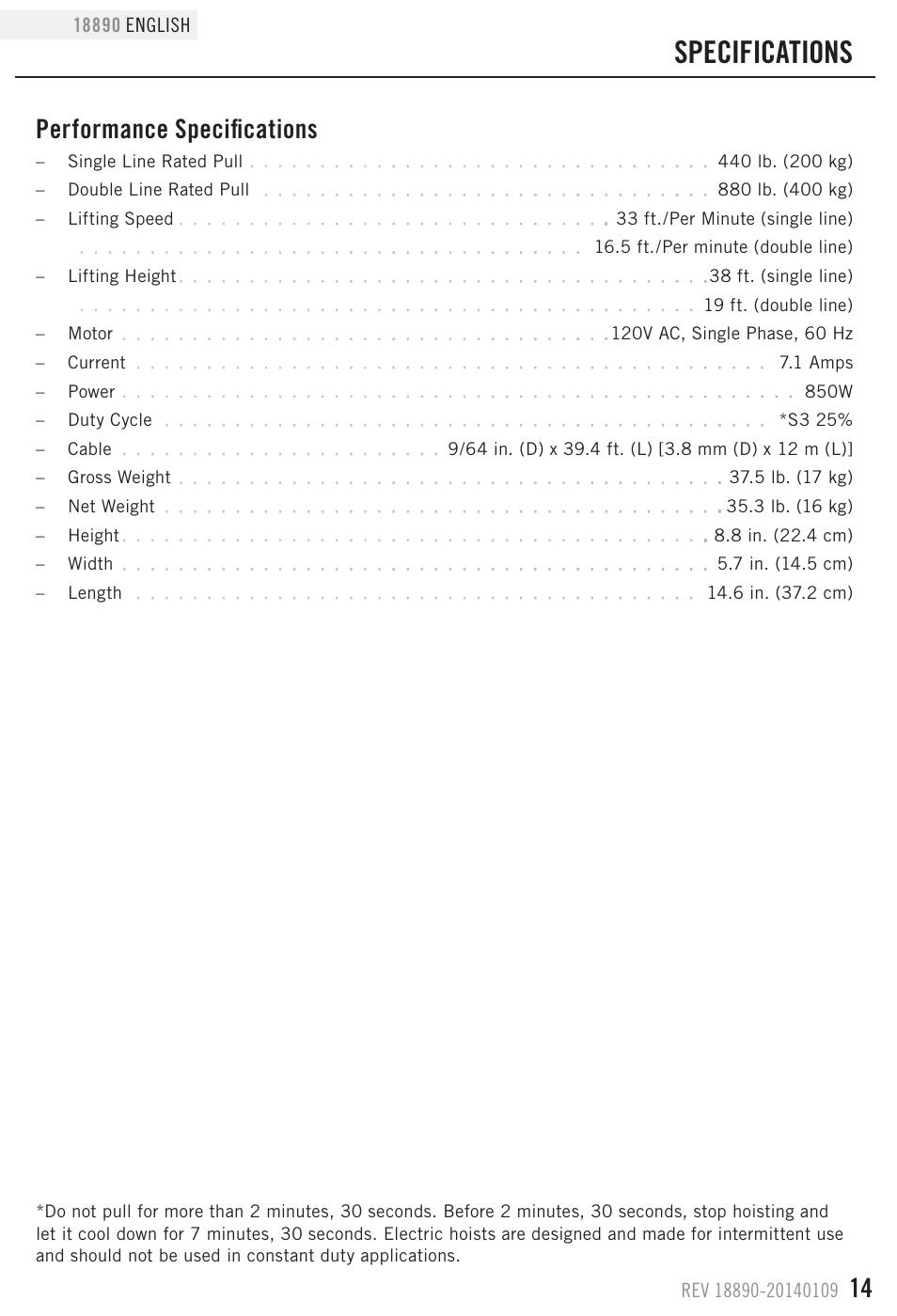 Specifications, Performance specifications | Champion Power Equipment 18890 User Manual | Page 17 / 20