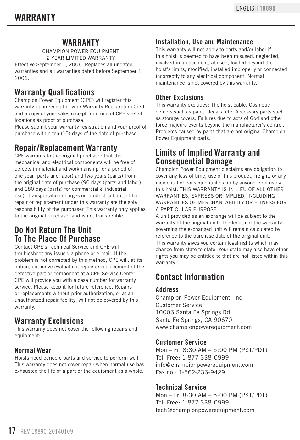 Warranty, Warranty qualifications, Repair/replacement warranty | Do not return the unit to the place of purchase, Warranty exclusions, Contact information | Champion Power Equipment 18890 User Manual | Page 20 / 20