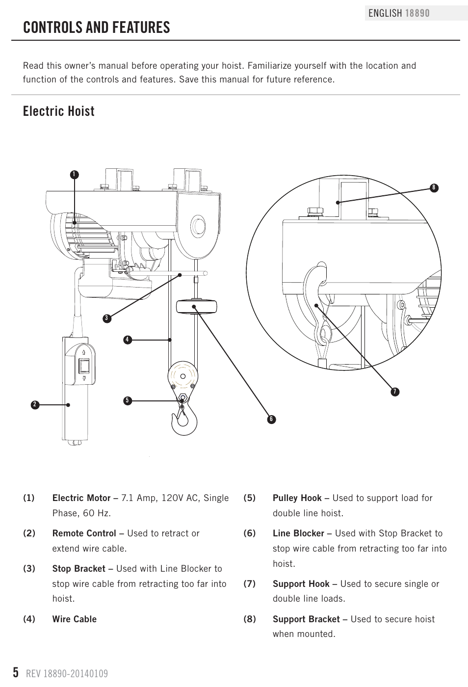 Controls and features, Electric hoist | Champion Power Equipment 18890 User Manual | Page 8 / 20