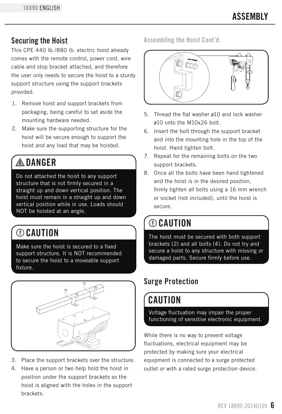 Danger, Caution, Assembly | Securing the hoist, Surge protection | Champion Power Equipment 18890 User Manual | Page 9 / 20