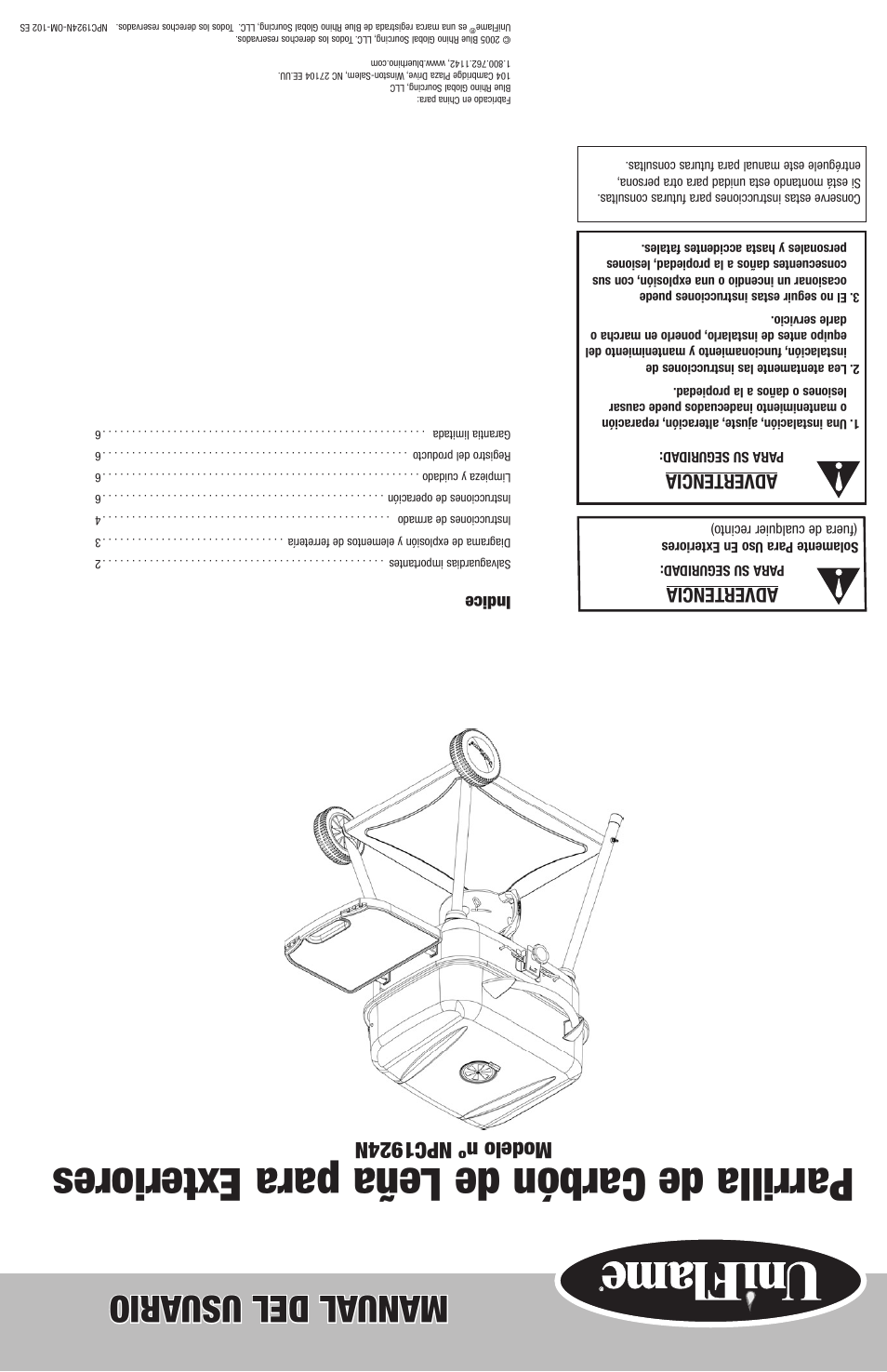 Parrilla de carbón de leña para exteriores, Manual del usu ario, Modelo nº npc1924n | Advertencia, Indice | Blue Rhino NPC1924N User Manual | Page 12 / 12