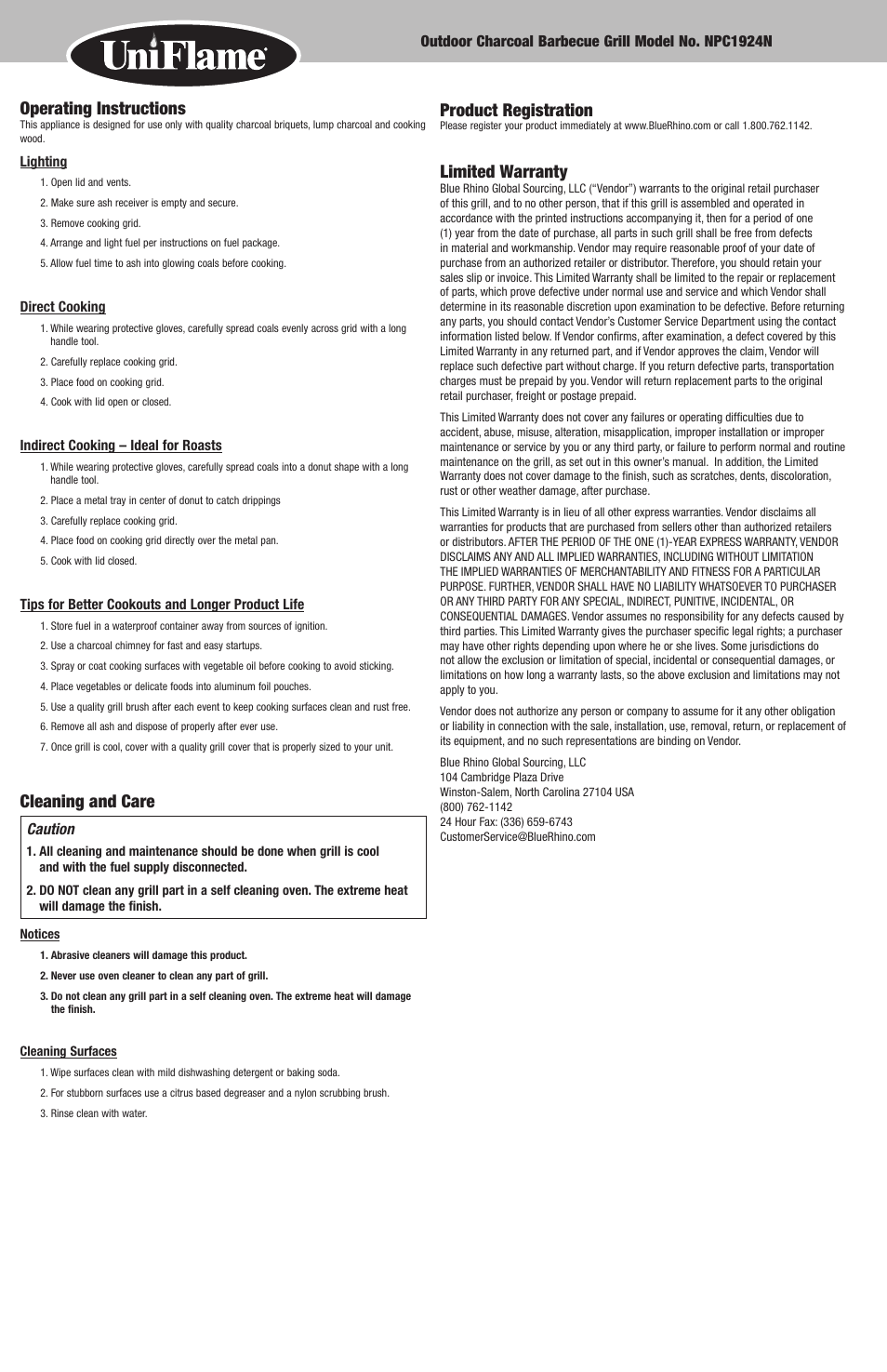 Operating instructions, Cleaning and care, Product registration | Limited warranty | Blue Rhino NPC1924N User Manual | Page 6 / 12