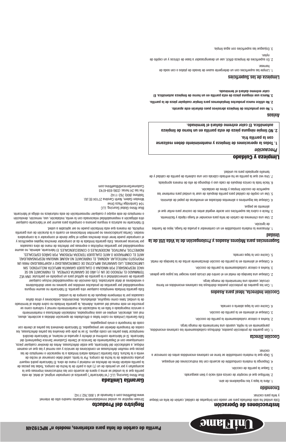 Instrucciones de operación, Limpieza y cuidado, Registro del producto | Garantia limitada, Precaución | Blue Rhino NPC1924N User Manual | Page 7 / 12