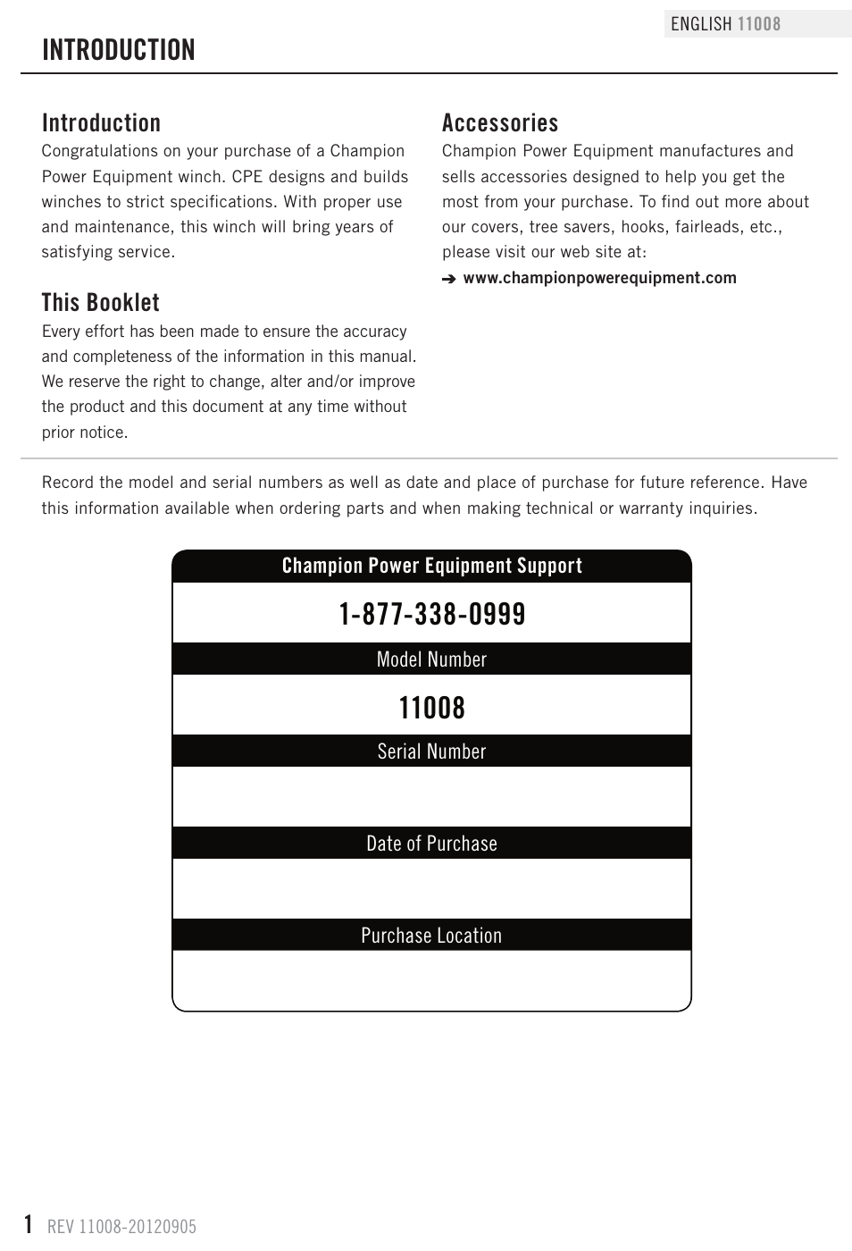 Introduction, This booklet, Accessories | Champion Power Equipment 11008 User Manual | Page 4 / 17