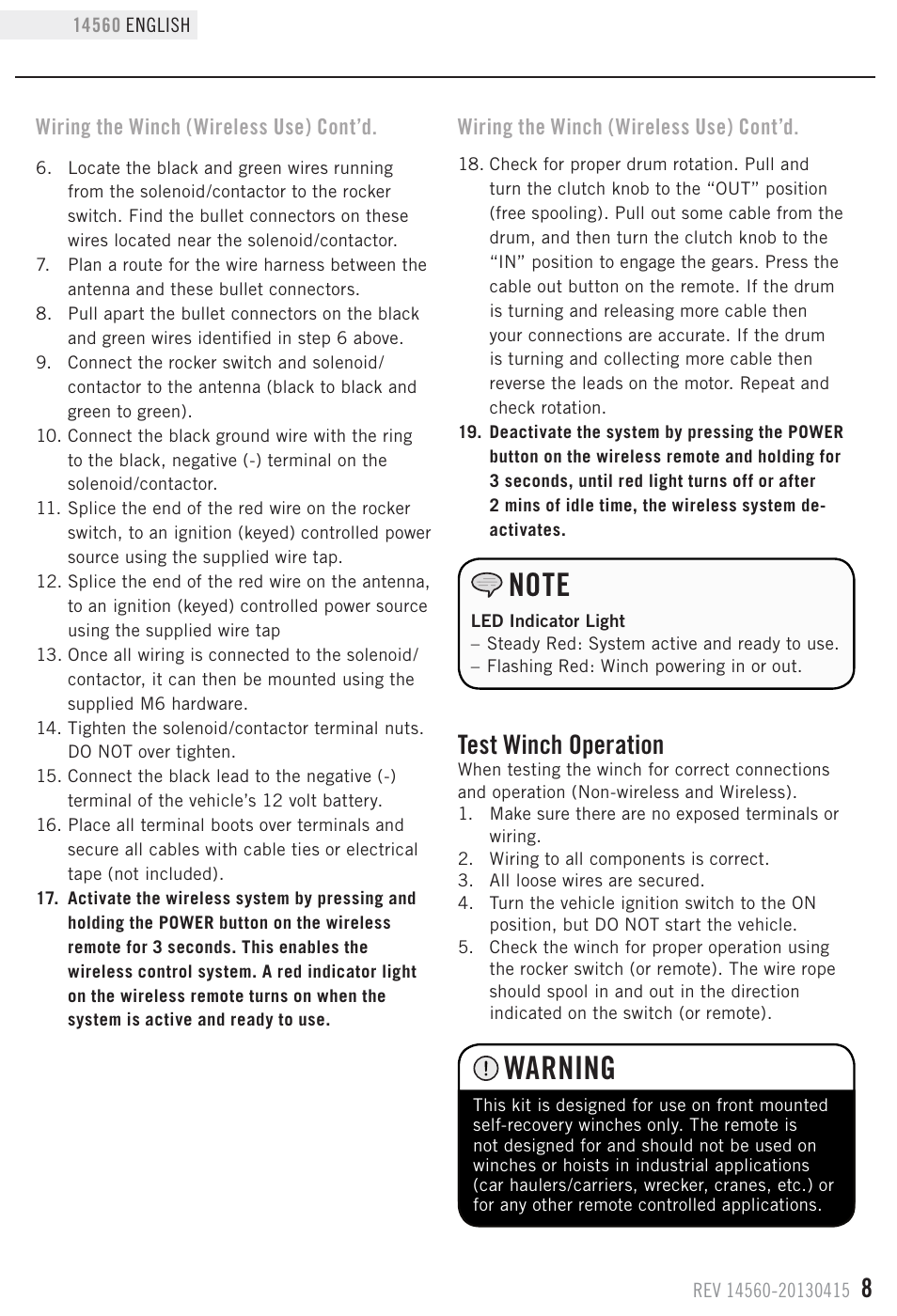 Warning, Test winch operation, Wiring the winch (wireless use) cont’d | Champion Power Equipment 14560 User Manual | Page 11 / 21