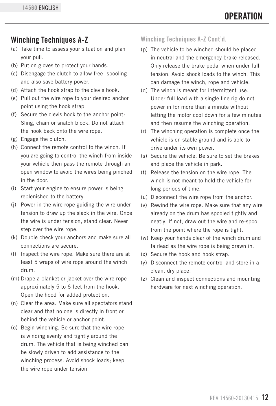 Operation, Winching techniques a-z, Winching techniques a-z cont’d | Champion Power Equipment 14560 User Manual | Page 15 / 21