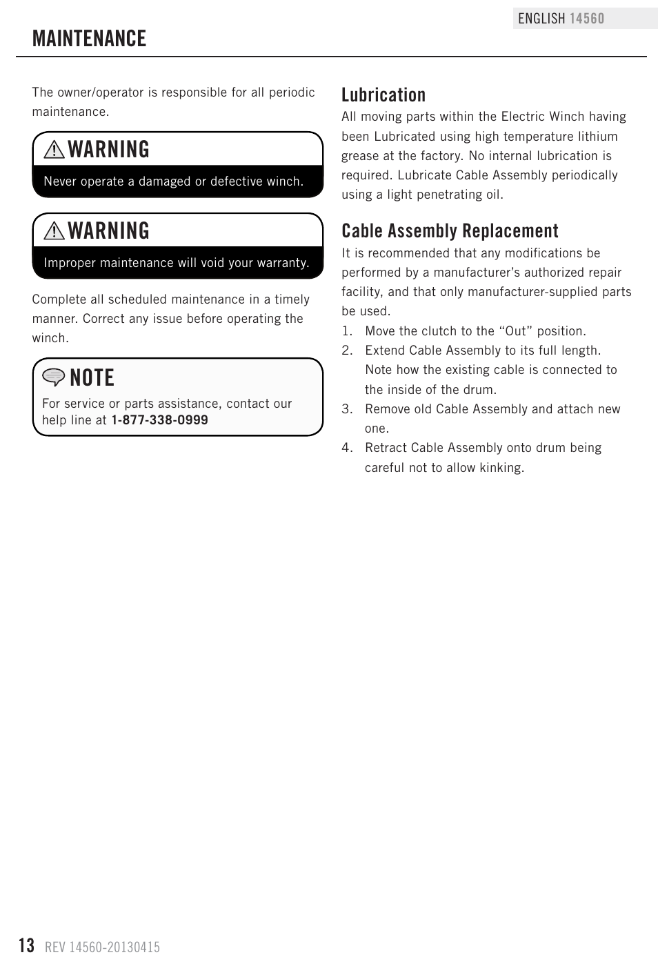 Warning, Maintenance, Lubrication | Cable assembly replacement | Champion Power Equipment 14560 User Manual | Page 16 / 21