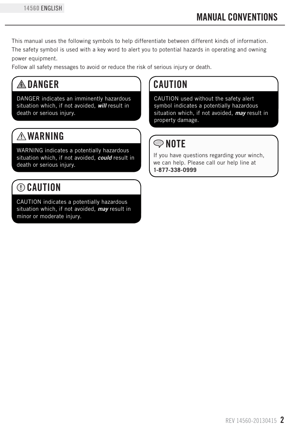 Caution, Danger, Warning | Manual conventions | Champion Power Equipment 14560 User Manual | Page 5 / 21