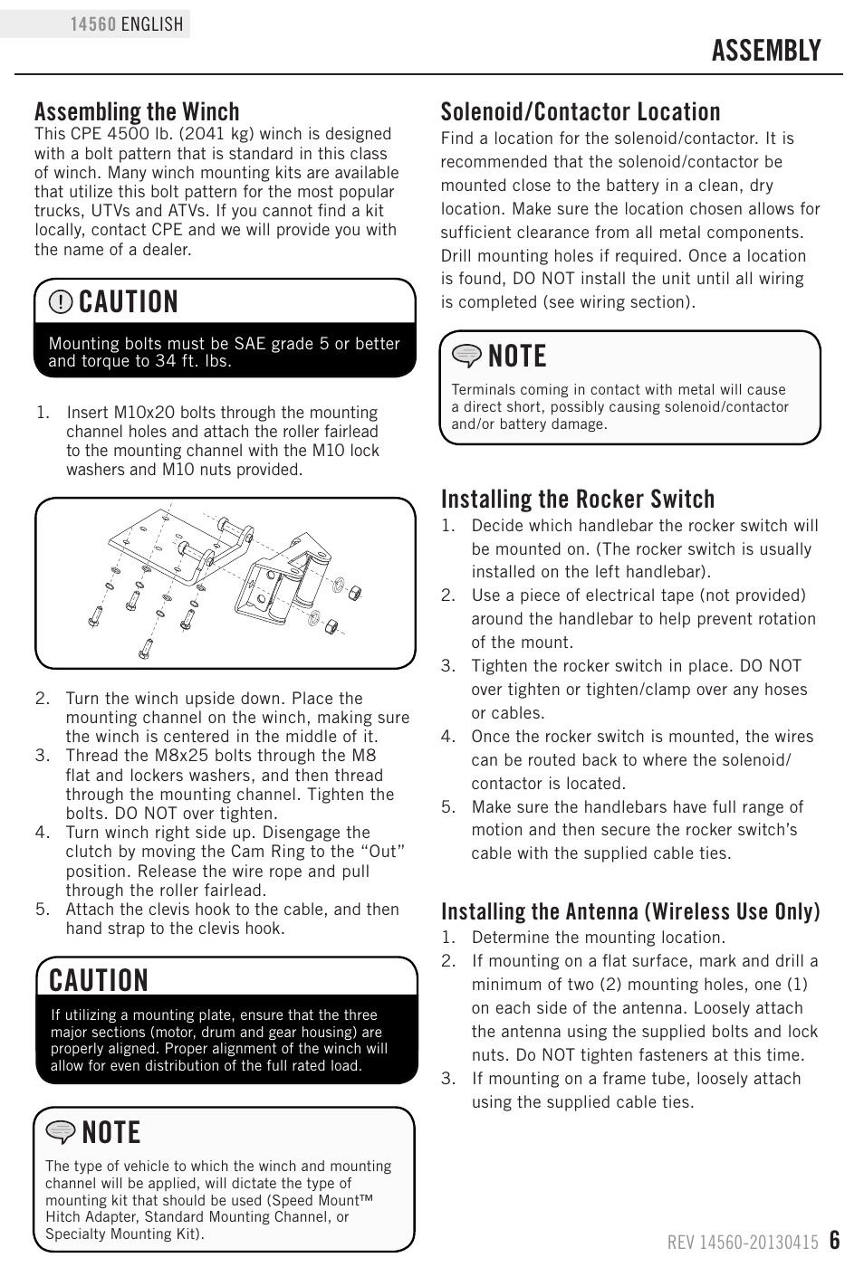 Caution, Assembly, Assembling the winch | Solenoid/contactor location, Installing the rocker switch, Installing the antenna (wireless use only) | Champion Power Equipment 14560 User Manual | Page 9 / 21