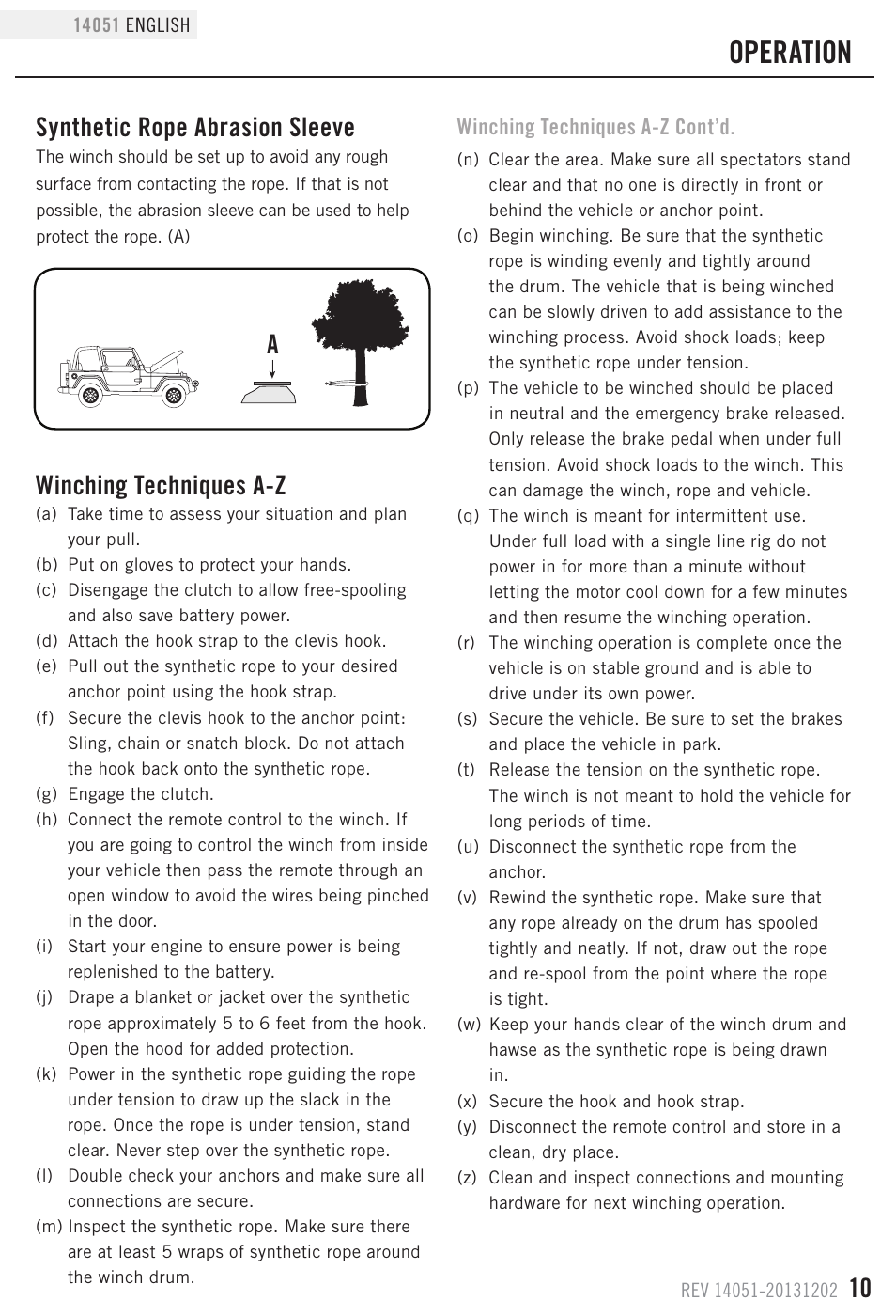 Operation, Winching techniques a-z, Synthetic rope abrasion sleeve | Winching techniques a-z cont’d | Champion Power Equipment 14051 User Manual | Page 13 / 19