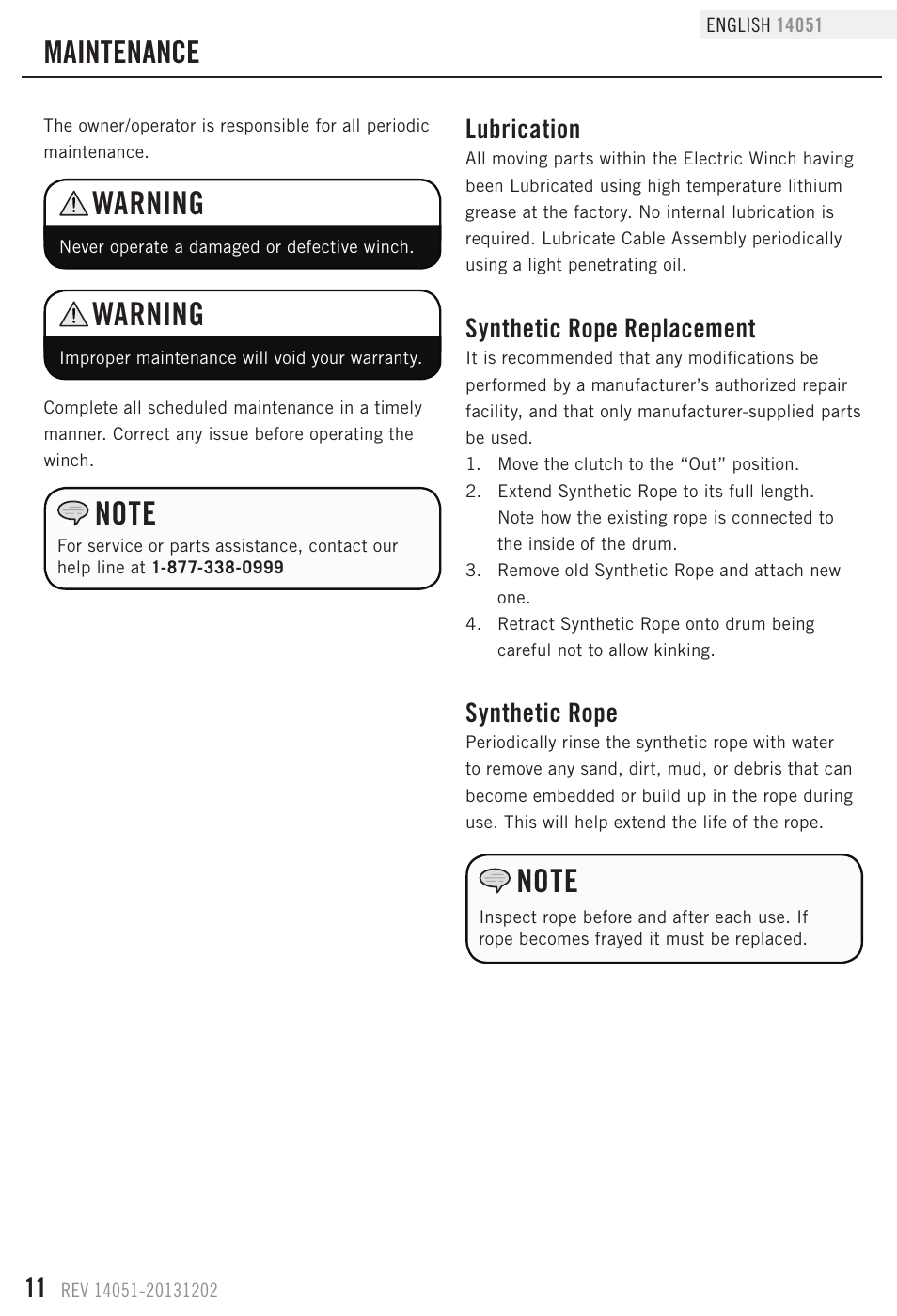 Warning, Maintenance, Lubrication | Synthetic rope replacement, Synthetic rope | Champion Power Equipment 14051 User Manual | Page 14 / 19