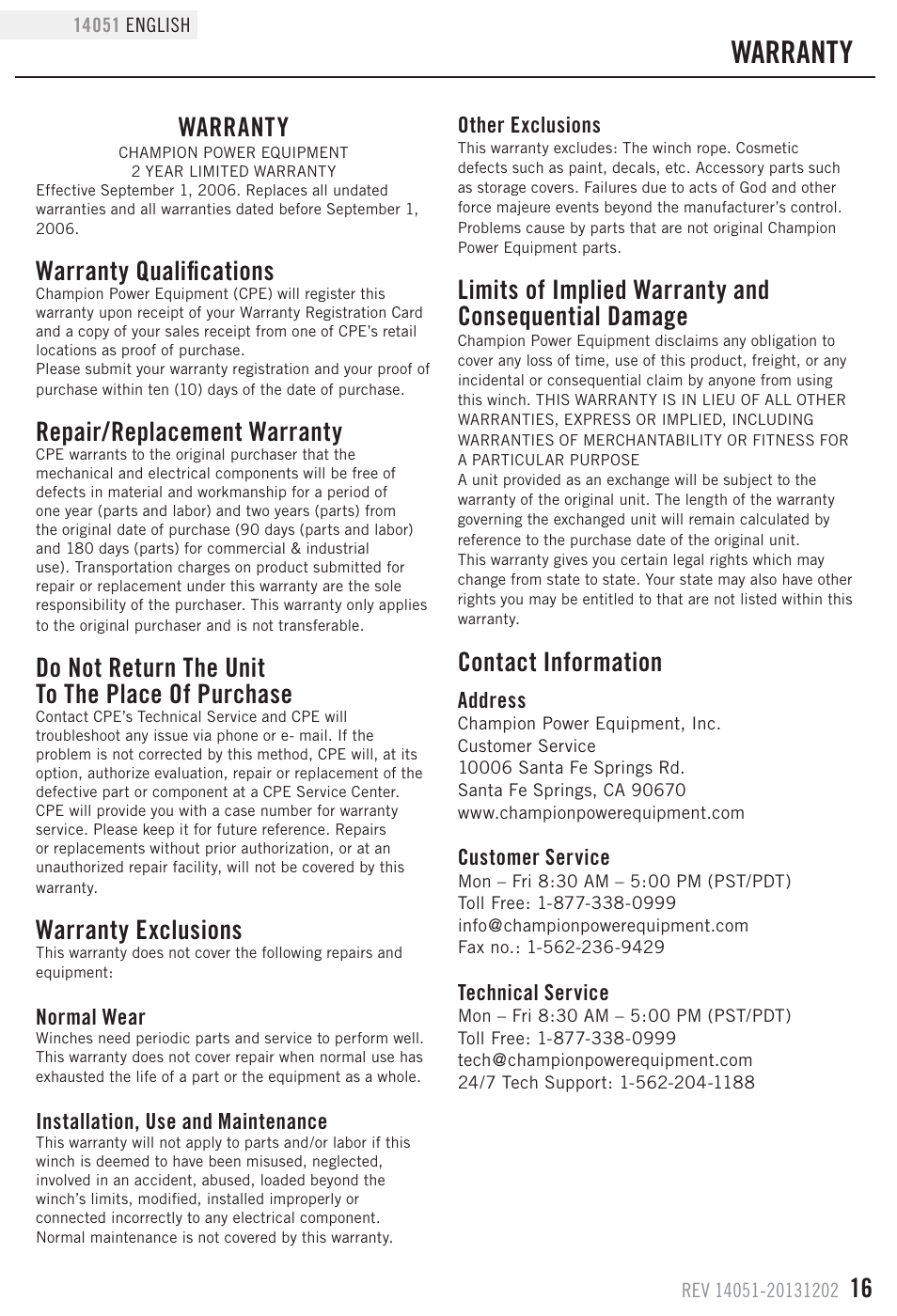 Warranty, Warranty qualifications, Repair/replacement warranty | Do not return the unit to the place of purchase, Warranty exclusions, Contact information | Champion Power Equipment 14051 User Manual | Page 19 / 19