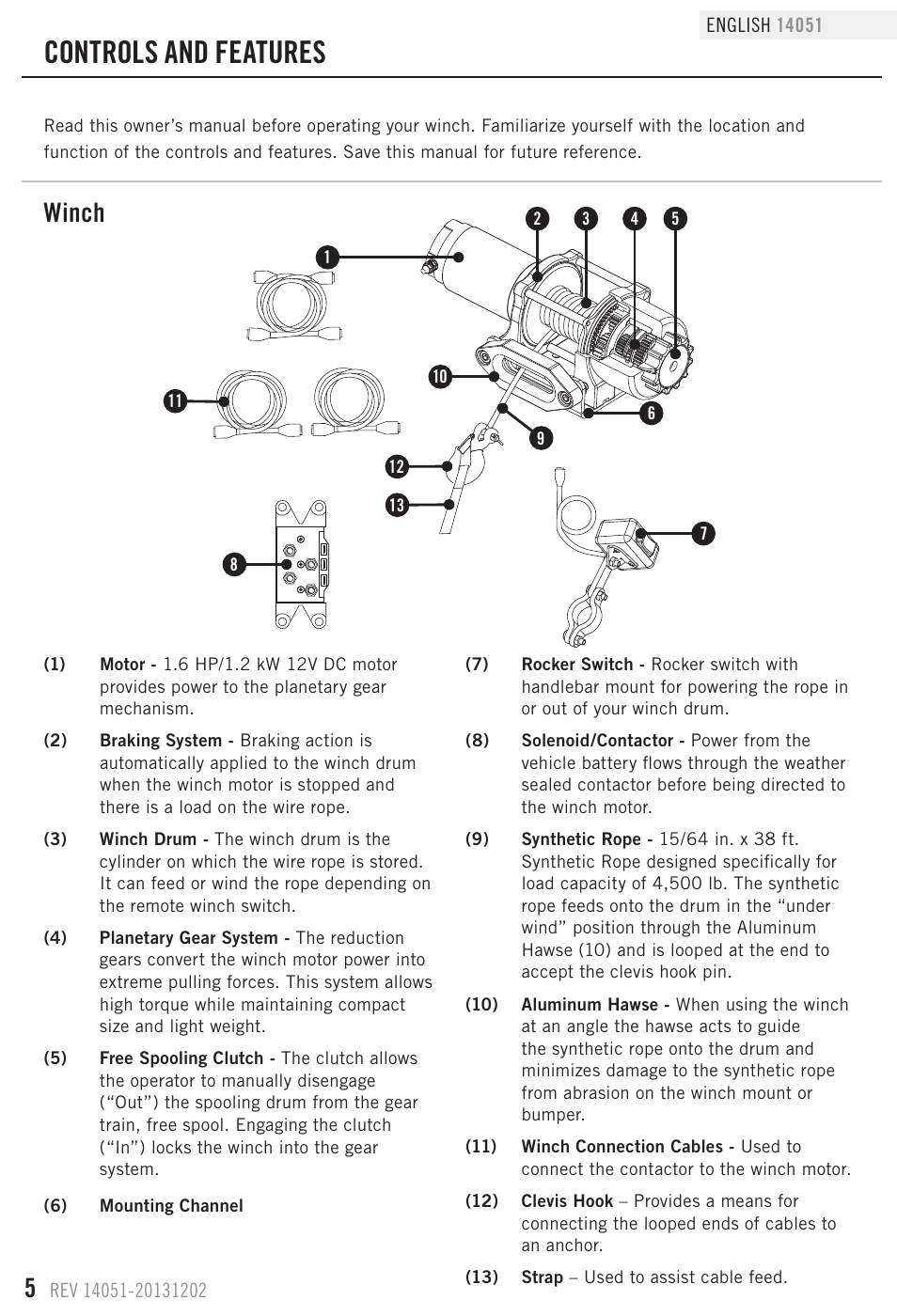 Controls and features, Winch | Champion Power Equipment 14051 User Manual | Page 8 / 19