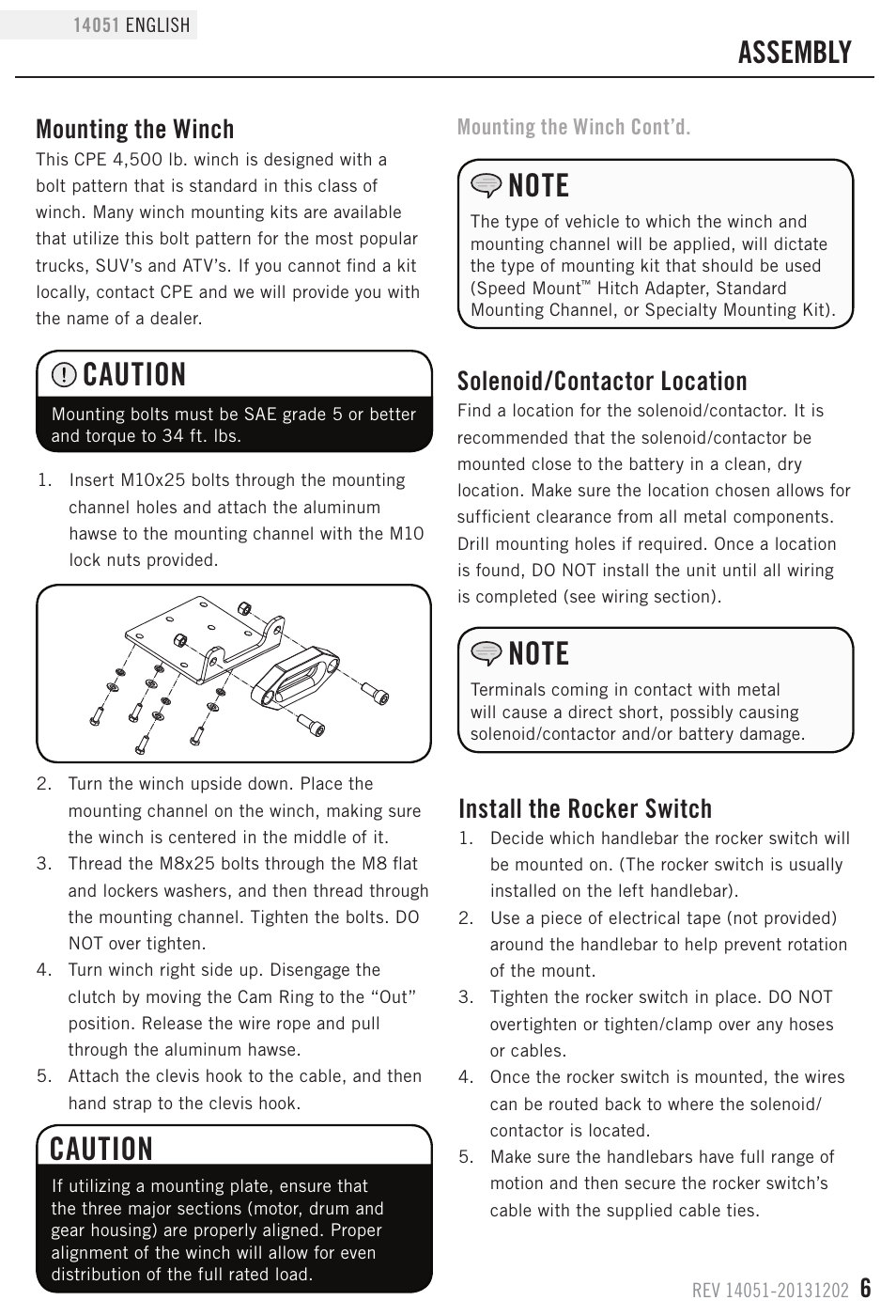 Caution, Assembly, Mounting the winch | Solenoid/contactor location, Install the rocker switch | Champion Power Equipment 14051 User Manual | Page 9 / 19