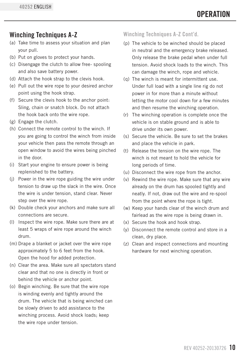 Operation, Winching techniques a-z, Winching techniques a-z cont’d | Champion Power Equipment 40252 User Manual | Page 13 / 19