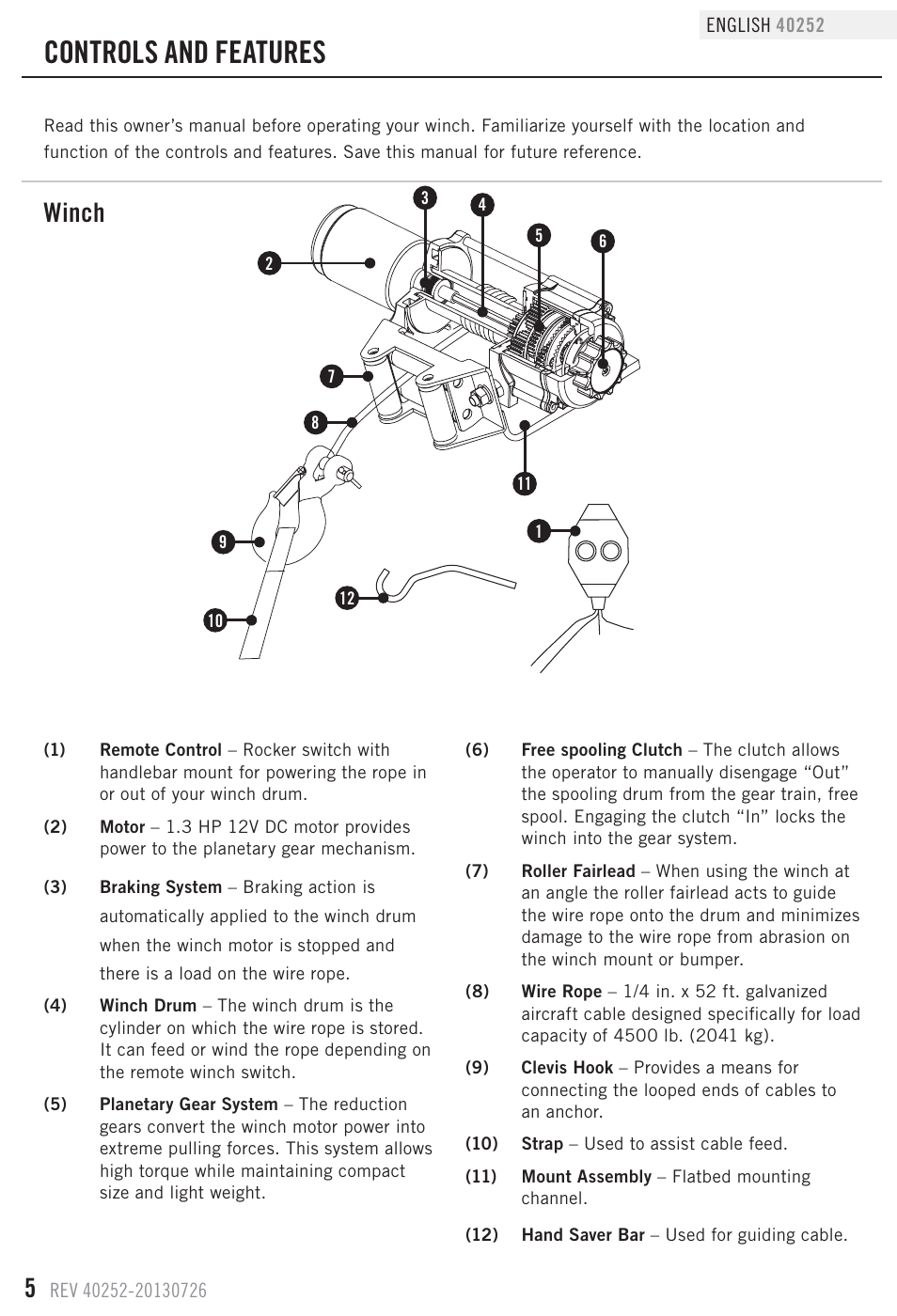 Controls and features, Winch | Champion Power Equipment 40252 User Manual | Page 8 / 19