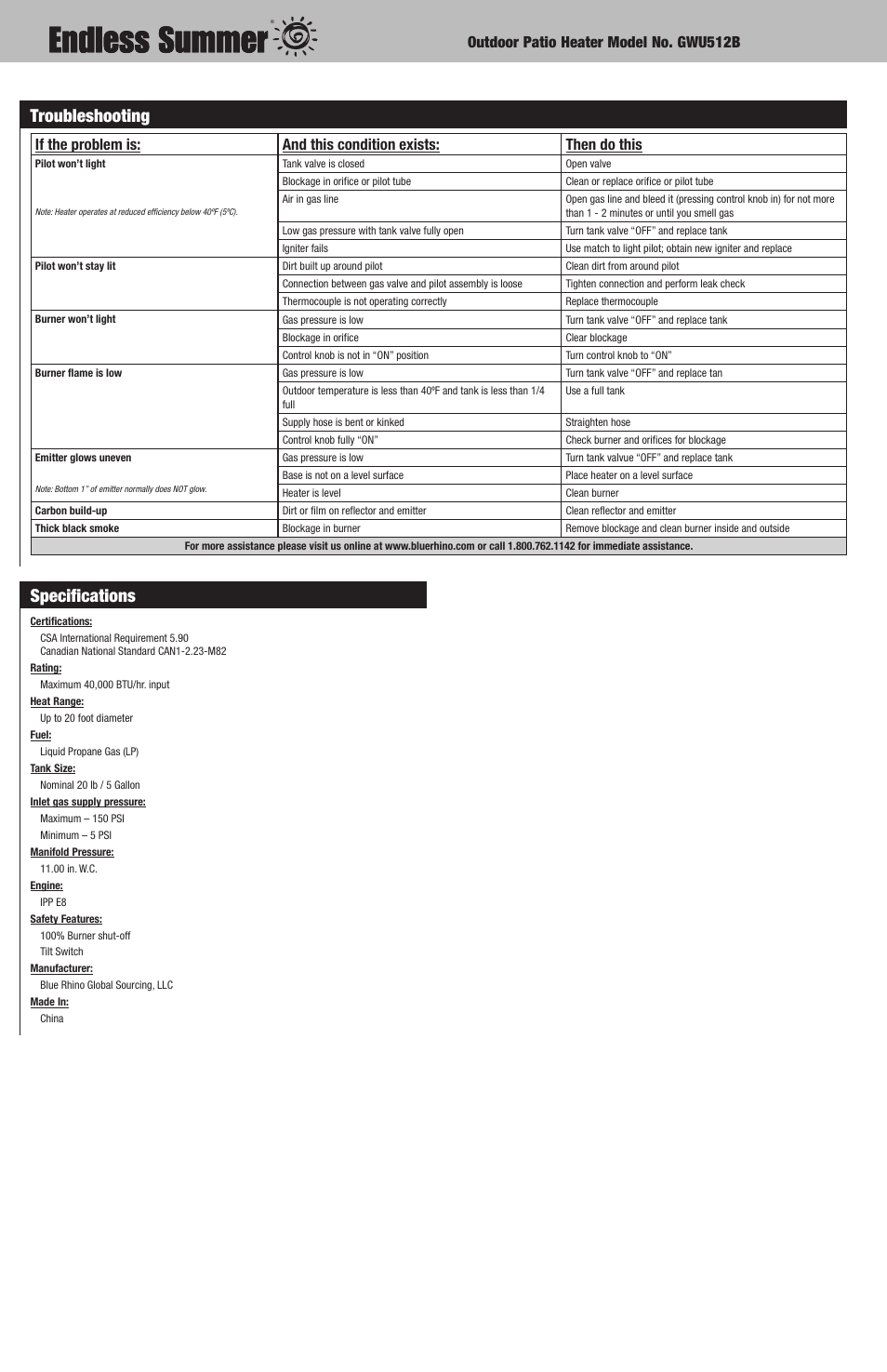 Specifications, Troubleshooting, Outdoor patio heater model no. gwu512b | Blue Rhino GWU512B User Manual | Page 10 / 32