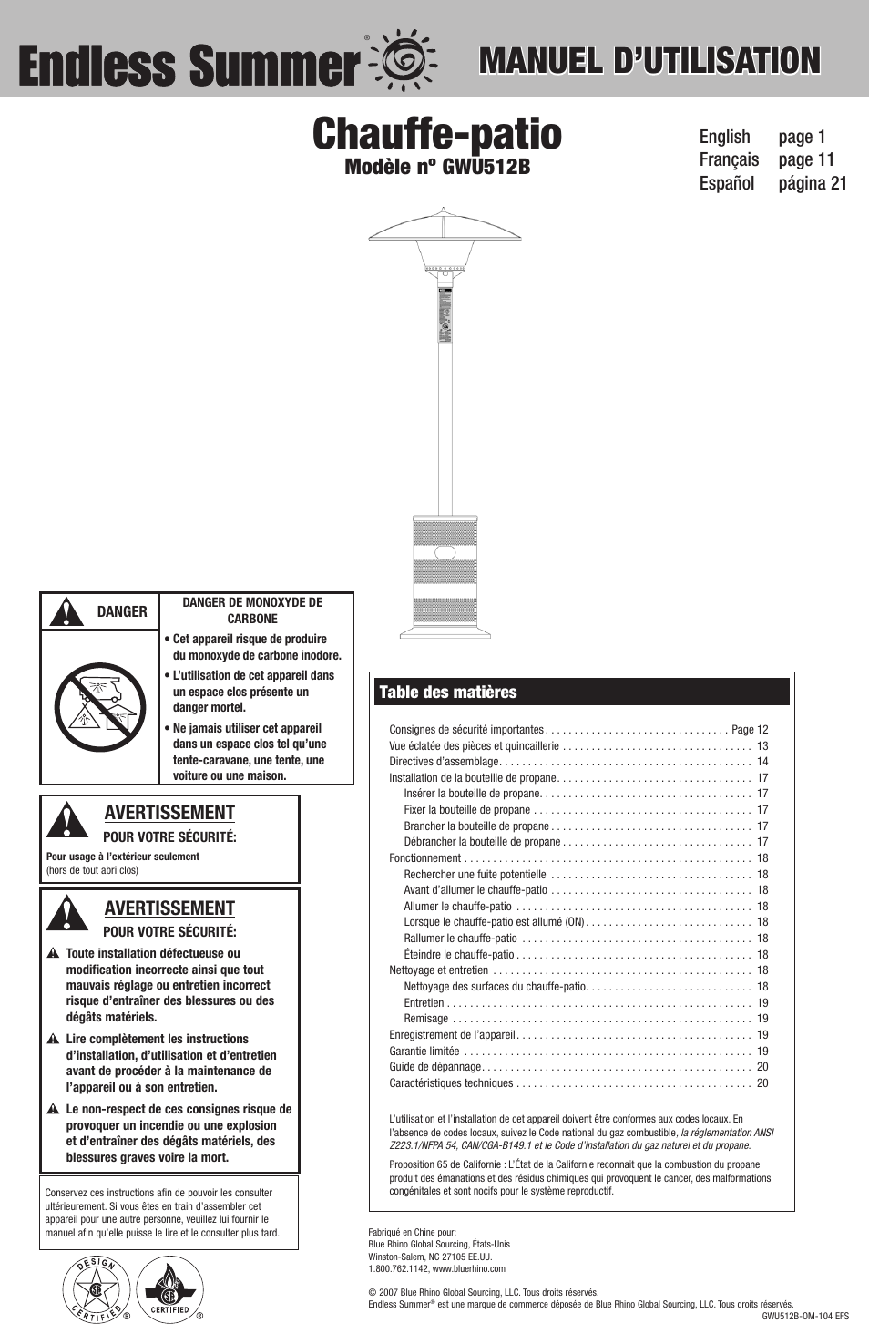Chauffe-patio, Manuel d’utilisation, Modèle nº gwu512b | Avertissement | Blue Rhino GWU512B User Manual | Page 11 / 32