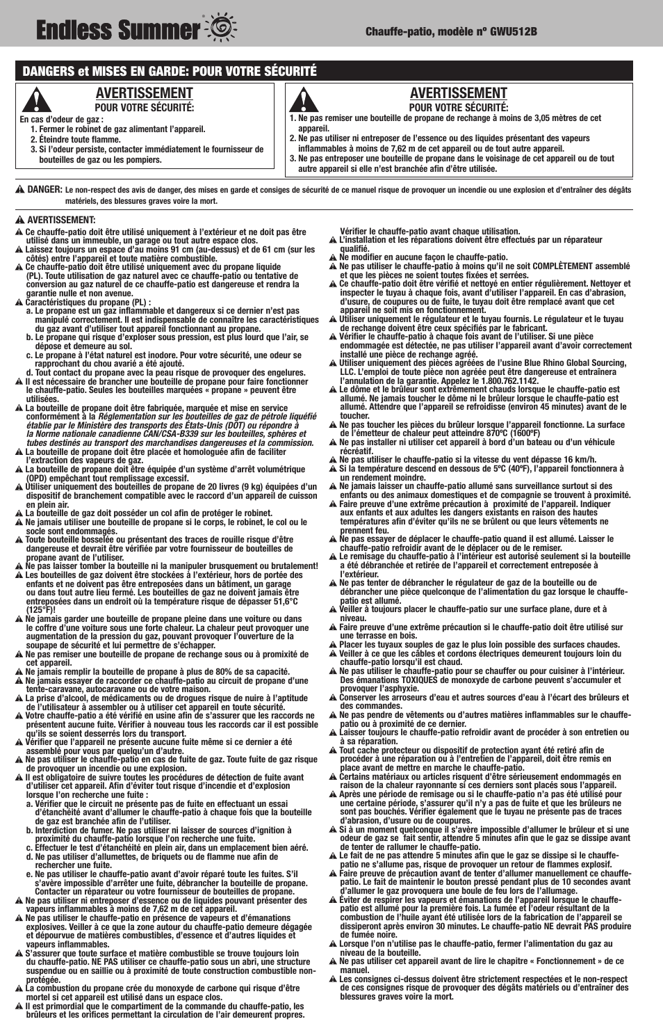 Avertissement, Dangers et mises en garde: pour votre sécurité | Blue Rhino GWU512B User Manual | Page 12 / 32