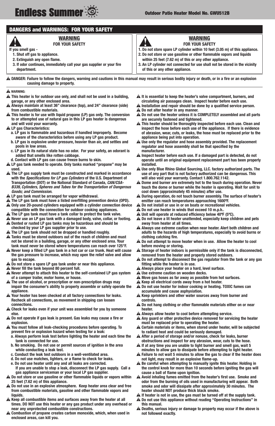 Warning, Dangers and warnings: for your safety | Blue Rhino GWU512B User Manual | Page 2 / 32