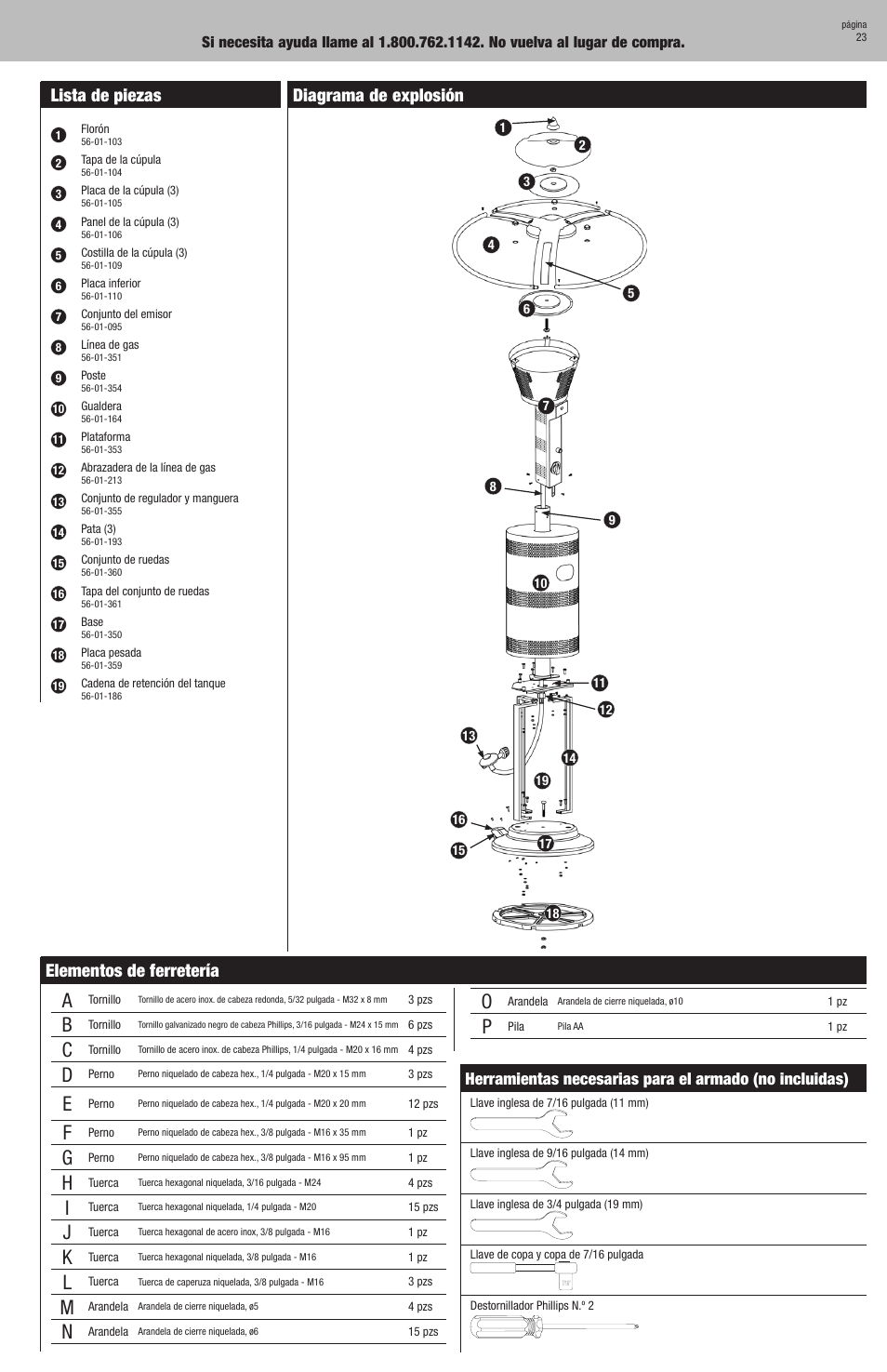 Lista de piezas, Diagrama de explosión elementos de ferretería | Blue Rhino GWU512B User Manual | Page 23 / 32