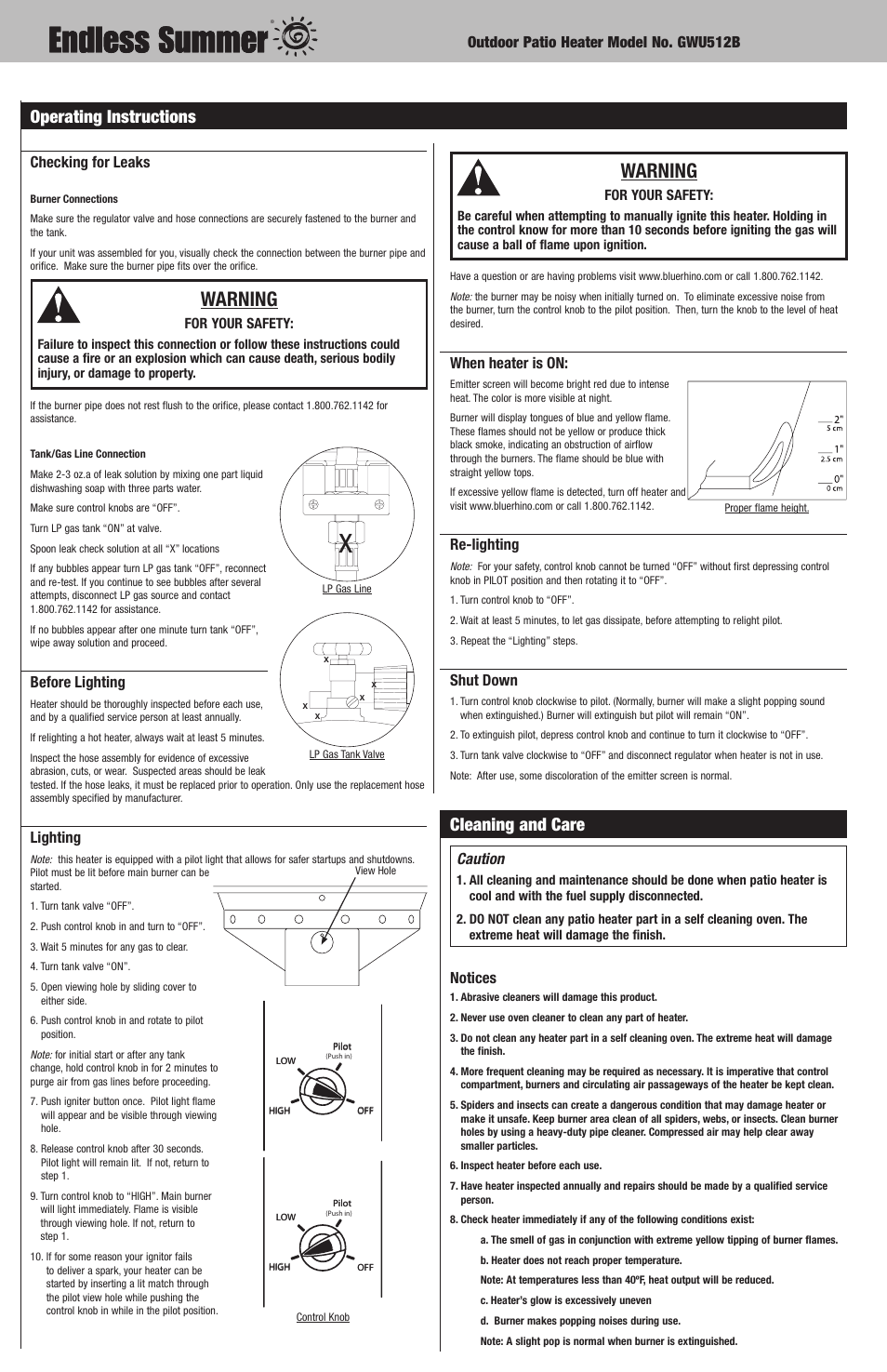 Warning, Cleaning and care, Operating instructions | When heater is on, Re-lighting, Shut down, Caution, Notices, Checking for leaks, Before lighting | Blue Rhino GWU512B User Manual | Page 8 / 32
