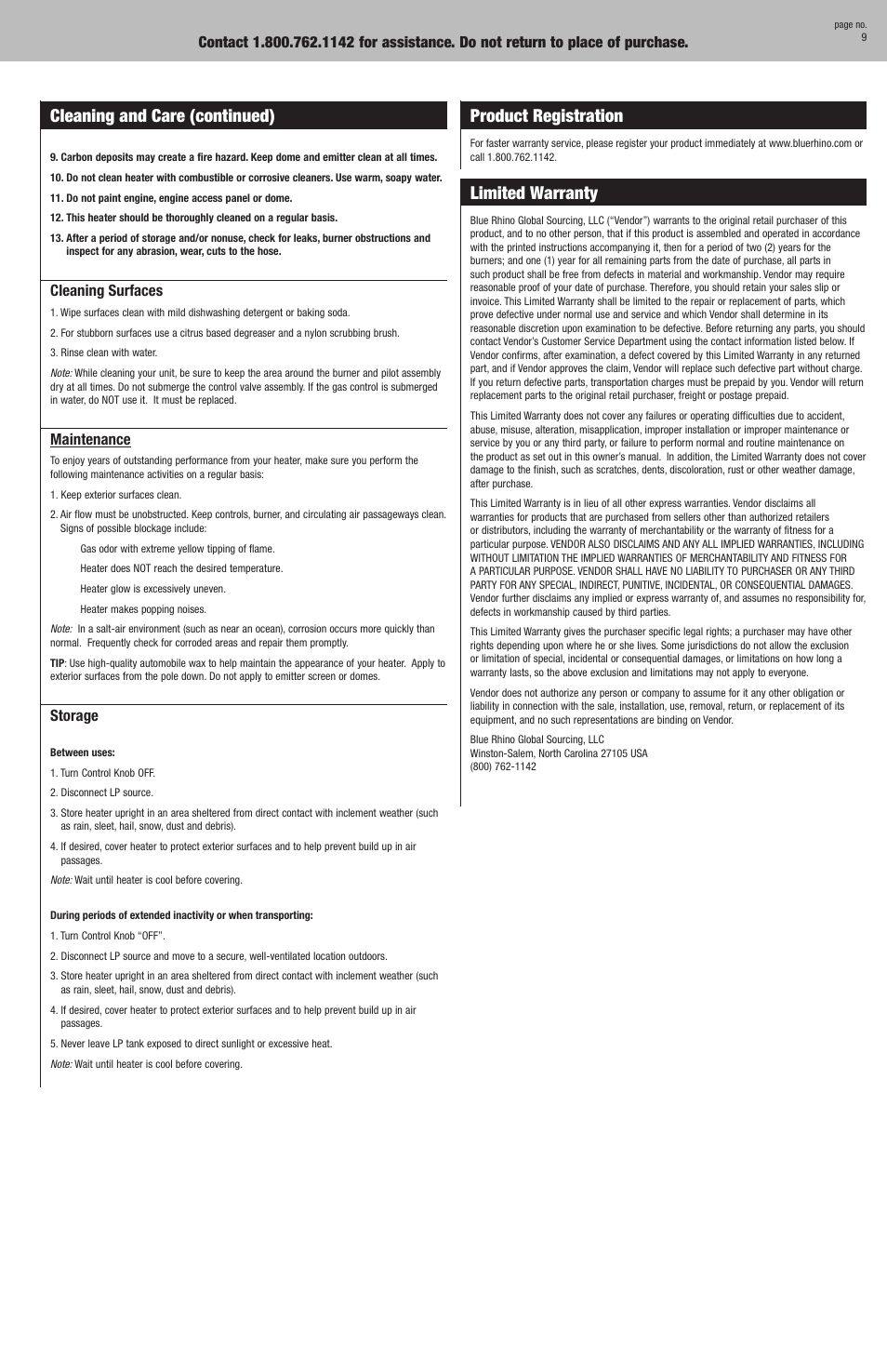 Cleaning and care (continued) product registration, Limited warranty | Blue Rhino GWU512B User Manual | Page 9 / 32