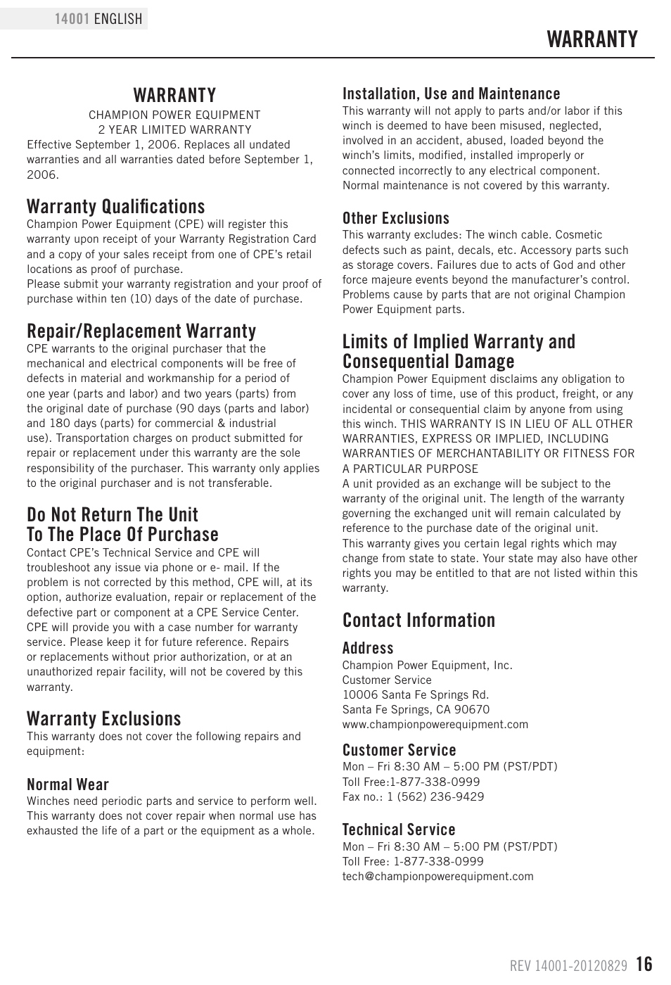 Warranty, Warranty qualifications, Repair/replacement warranty | Do not return the unit to the place of purchase, Warranty exclusions, Contact information | Champion Power Equipment 14001 User Manual | Page 19 / 19