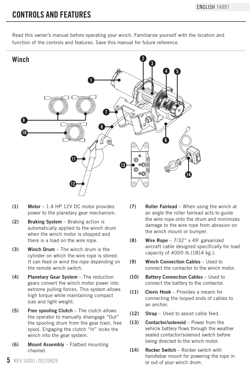 Controls and features, Winch | Champion Power Equipment 14001 User Manual | Page 8 / 19