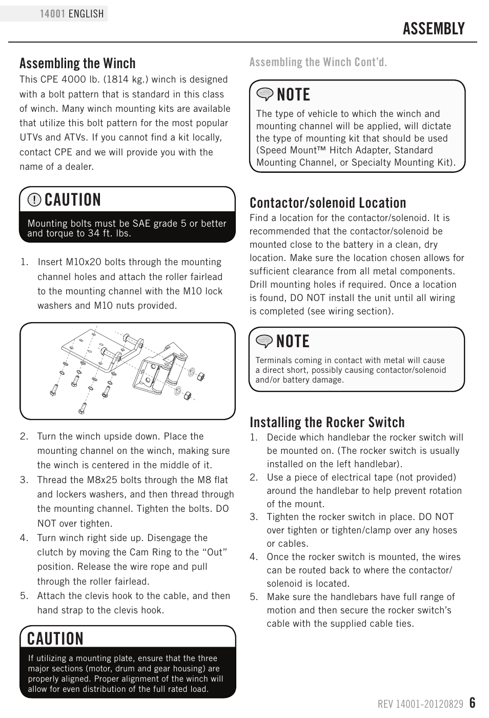 Caution, Assembly, Assembling the winch | Contactor/solenoid location, Installing the rocker switch | Champion Power Equipment 14001 User Manual | Page 9 / 19