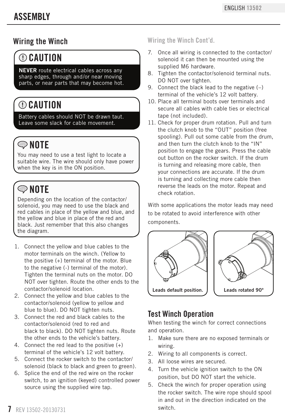 Caution, Assembly, Wiring the winch | Test winch operation | Champion Power Equipment 13502 User Manual | Page 10 / 19