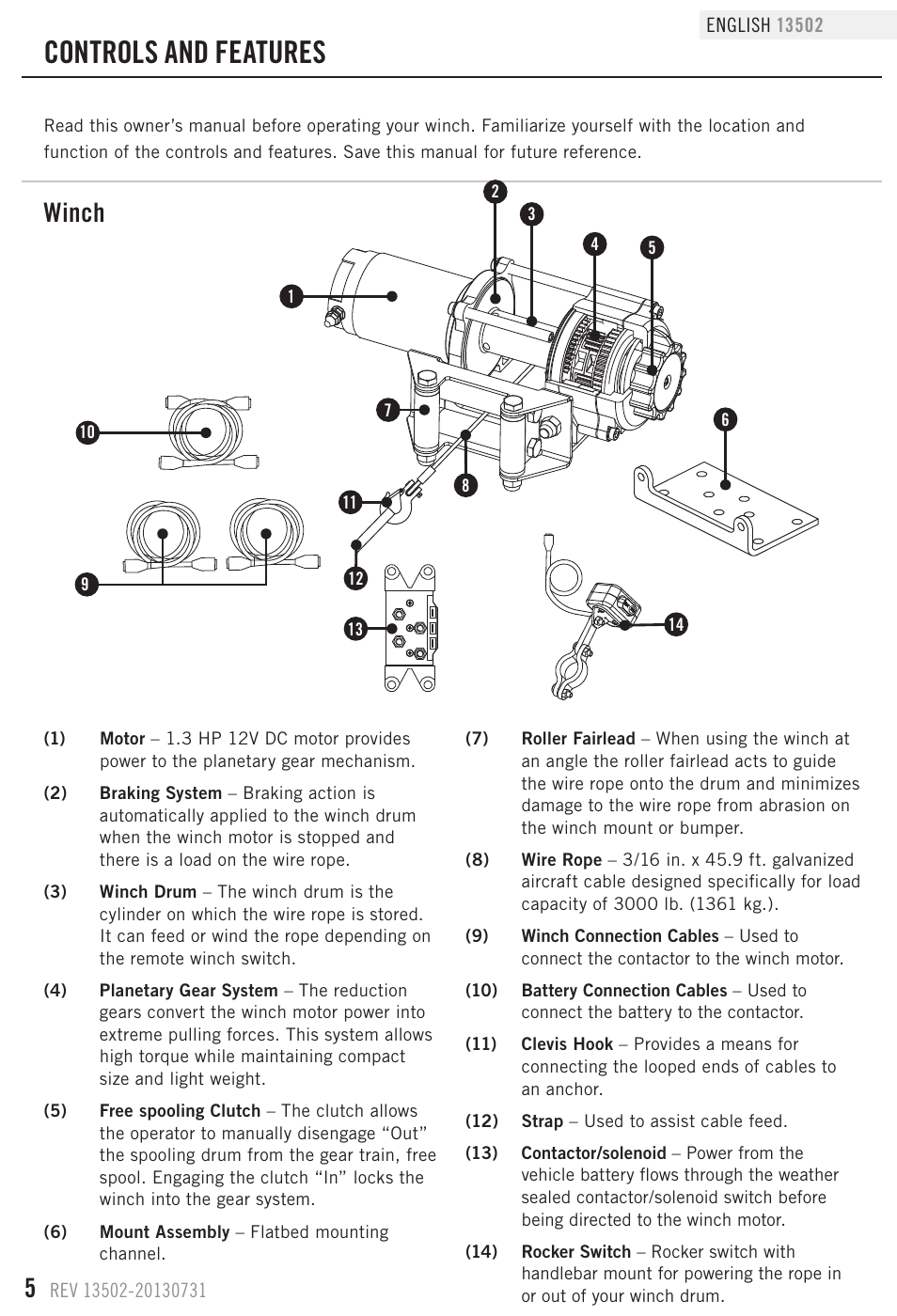 Controls and features, Winch | Champion Power Equipment 13502 User Manual | Page 8 / 19