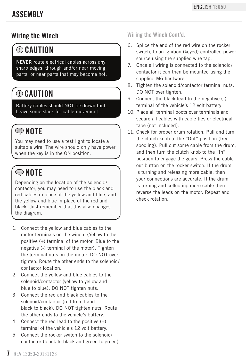 Caution, Assembly, Wiring the winch | Champion Power Equipment 13050 User Manual | Page 10 / 19