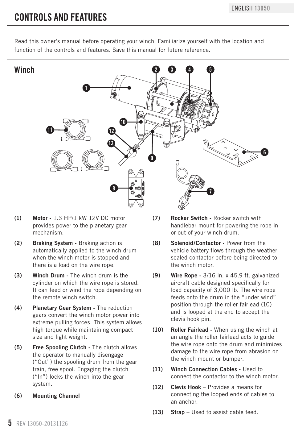 Controls and features, Winch | Champion Power Equipment 13050 User Manual | Page 8 / 19