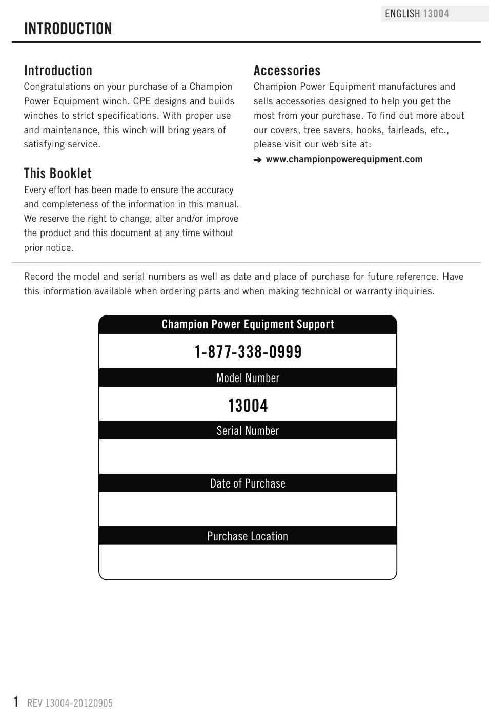 Introduction, This booklet, Accessories | Champion Power Equipment 13004 User Manual | Page 4 / 19