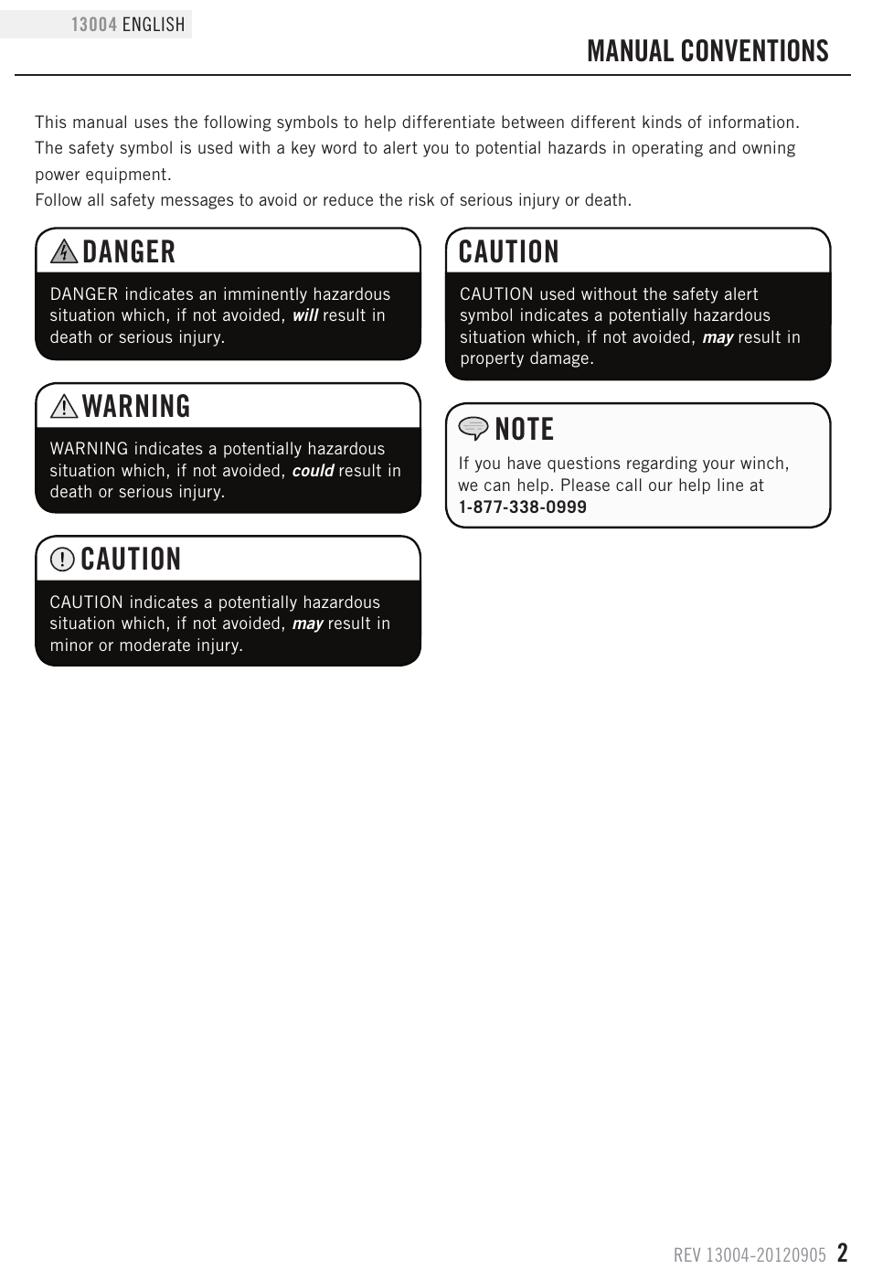 Caution, Danger, Warning | Manual conventions | Champion Power Equipment 13004 User Manual | Page 5 / 19