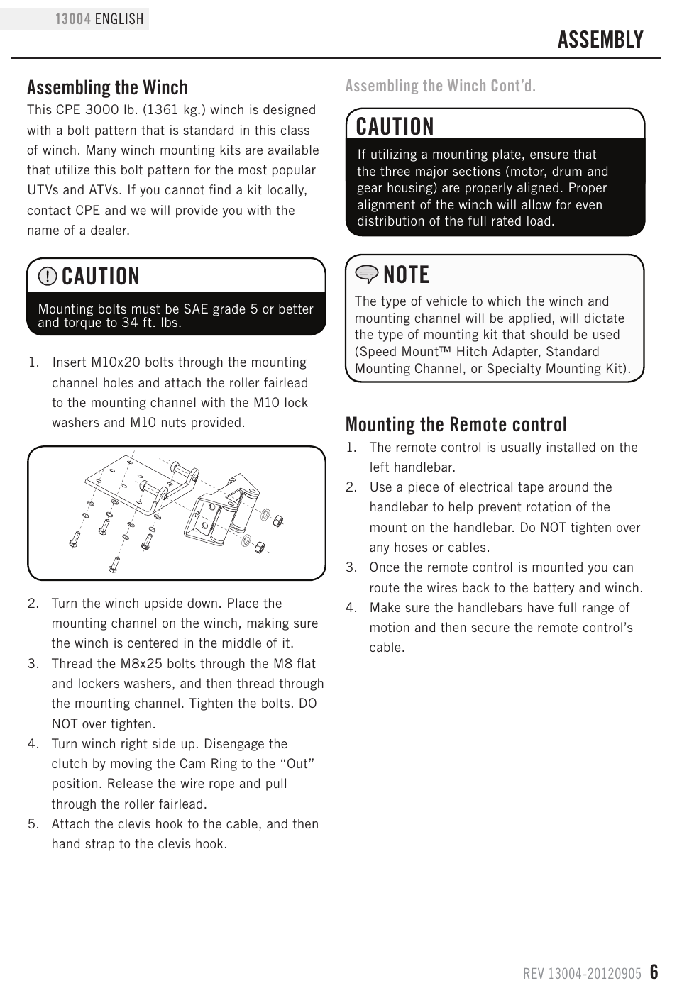 Caution, Assembly, Assembling the winch | Mounting the remote control | Champion Power Equipment 13004 User Manual | Page 9 / 19