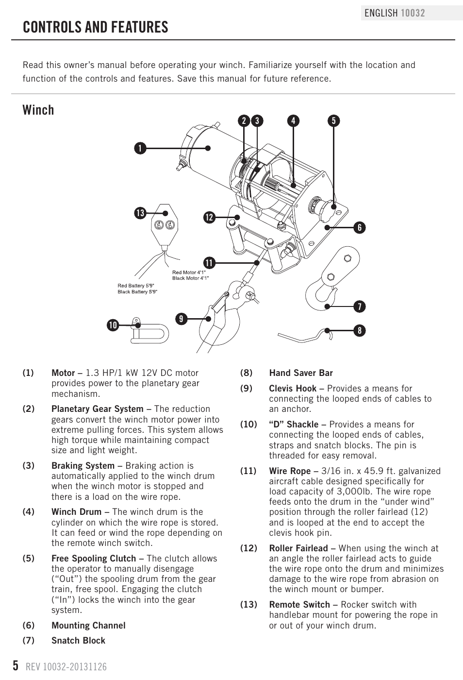 Controls and features, Winch | Champion Power Equipment 10032 User Manual | Page 8 / 17