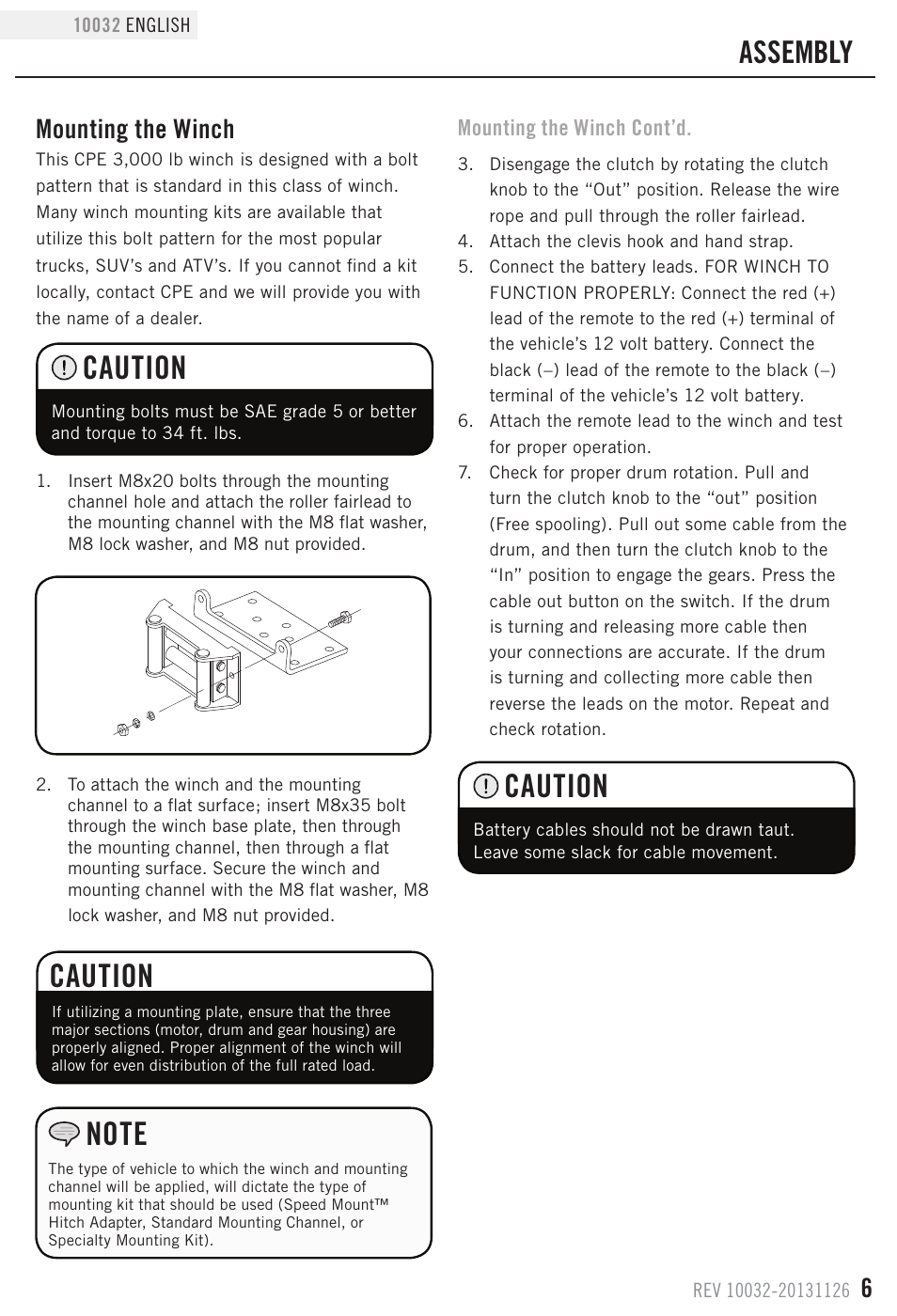 Caution, Assembly, Mounting the winch | Champion Power Equipment 10032 User Manual | Page 9 / 17