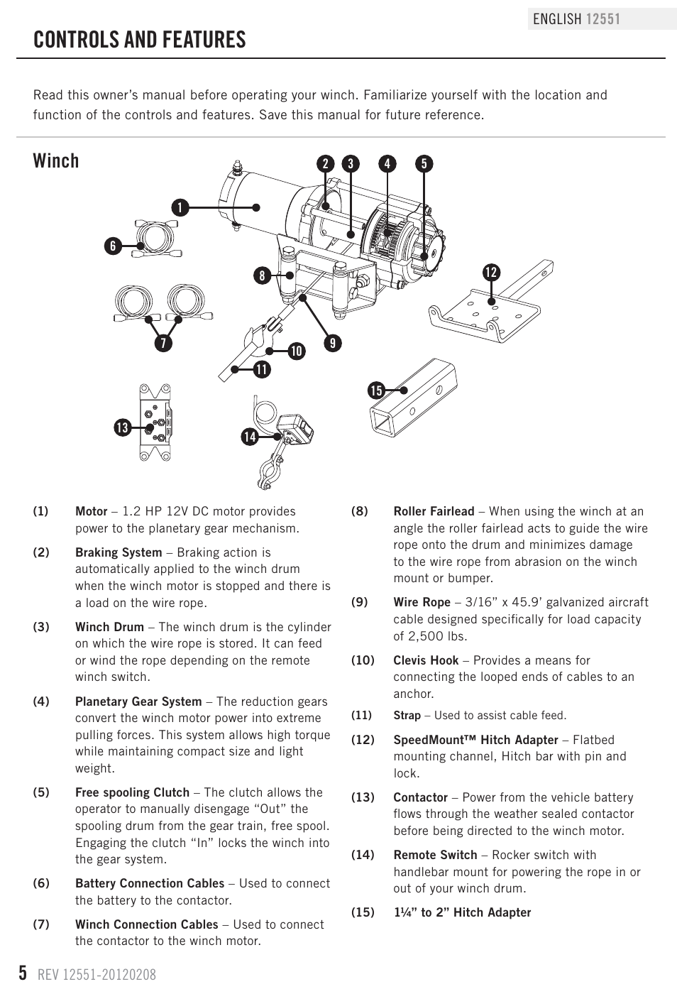 Controls and features, Winch | Champion Power Equipment 12551 User Manual | Page 8 / 19