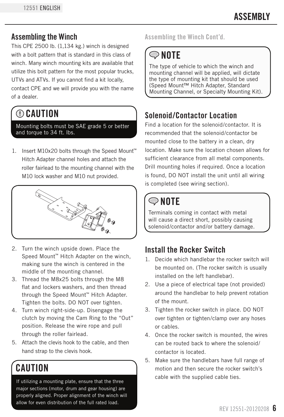 Caution, Assembly, Assembling the winch | Solenoid/contactor location, Install the rocker switch | Champion Power Equipment 12551 User Manual | Page 9 / 19