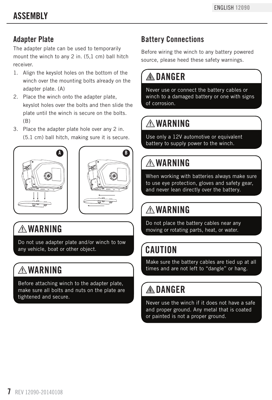 Warning, Caution, Danger | Assembly, Battery connections, Adapter plate | Champion Power Equipment 12090 User Manual | Page 10 / 20