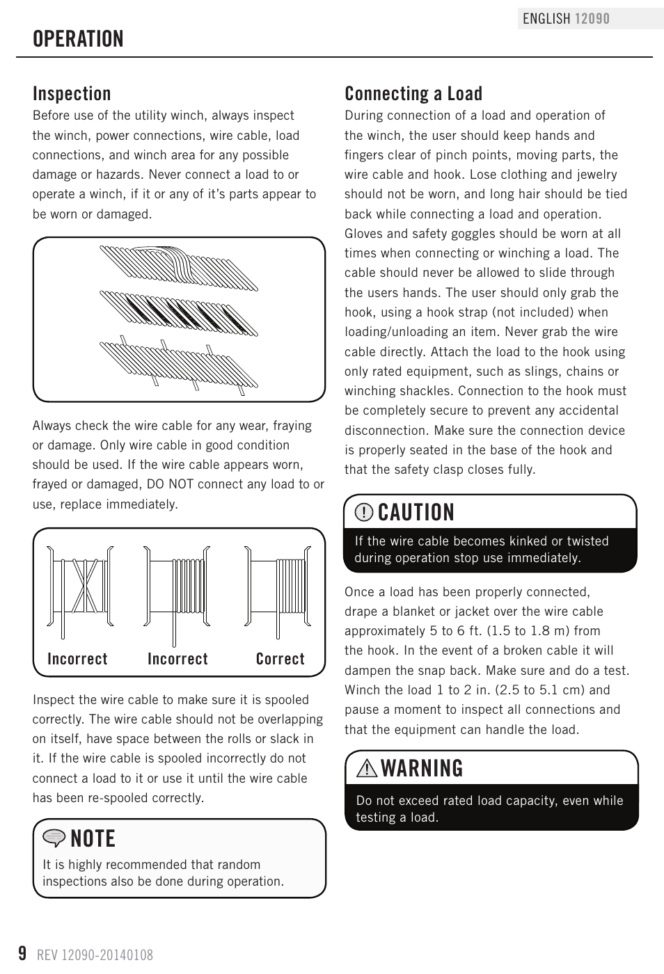 Caution, Warning, Operation | Inspection, Connecting a load | Champion Power Equipment 12090 User Manual | Page 12 / 20