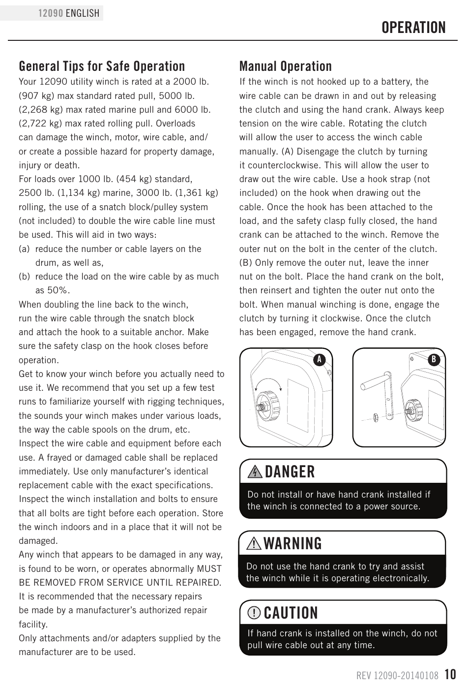 Caution, Warning, Danger | Operation, General tips for safe operation, Manual operation | Champion Power Equipment 12090 User Manual | Page 13 / 20